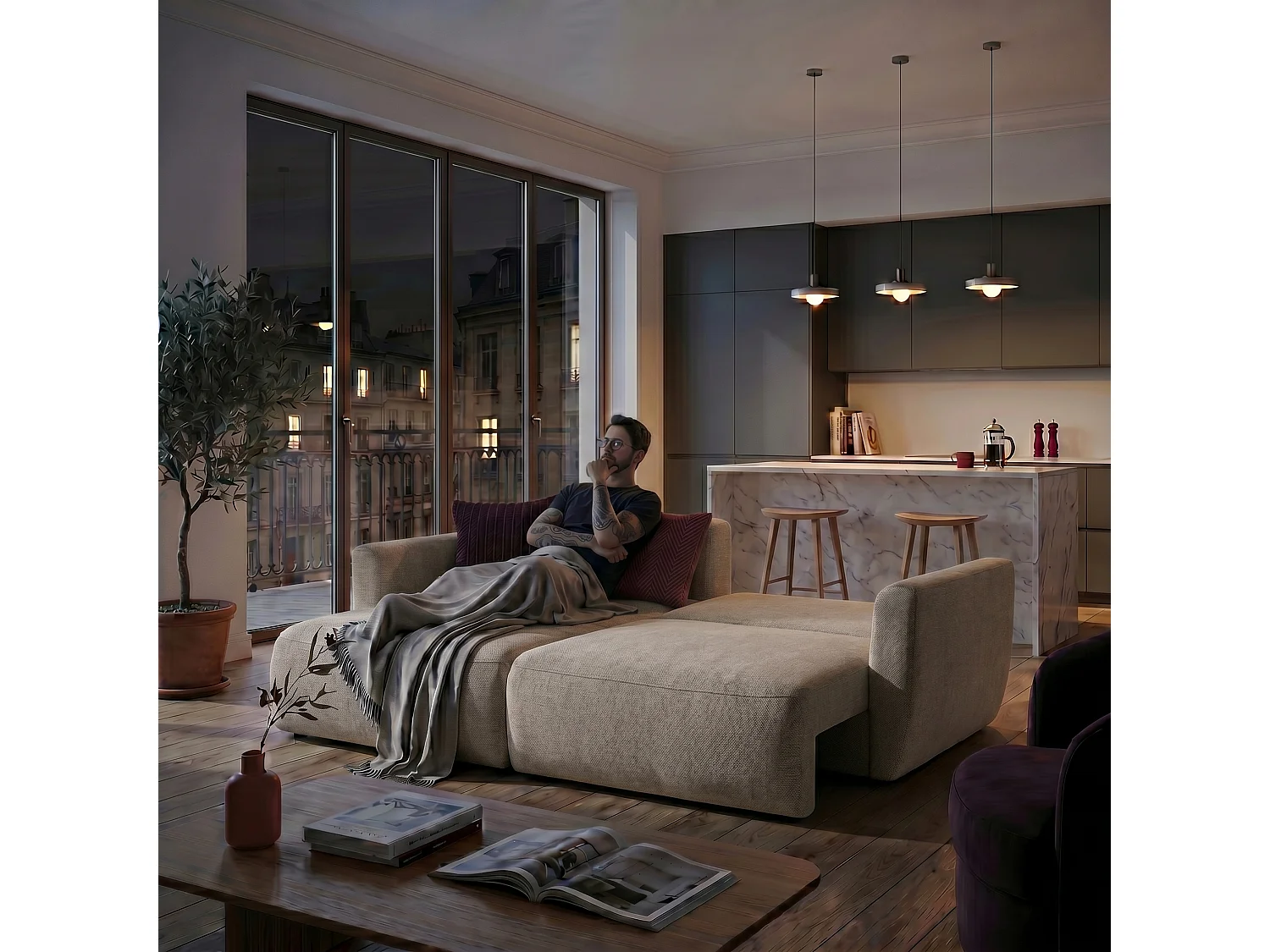 Canapé d'angle BELLA L Gauche avec fonction couchage 140x205 Velours Beige