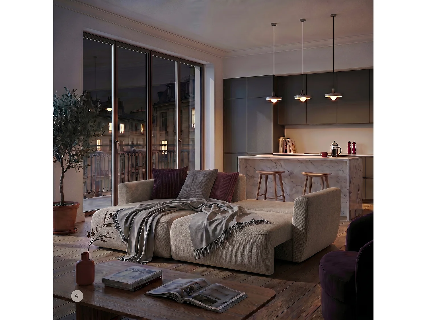 Hoekbank BELLA L links met slaapfunctie 140x205 velours beige