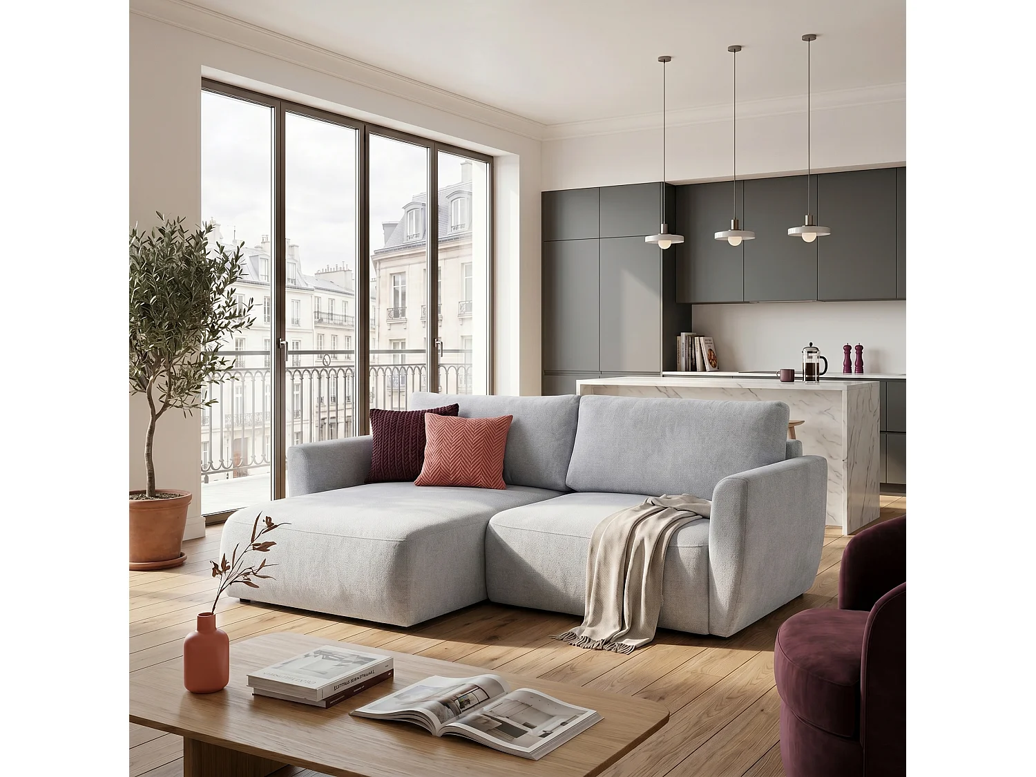 Canapé d'angle BELLA L Gauche avec fonction couchage 140x205 Velours Gris clair