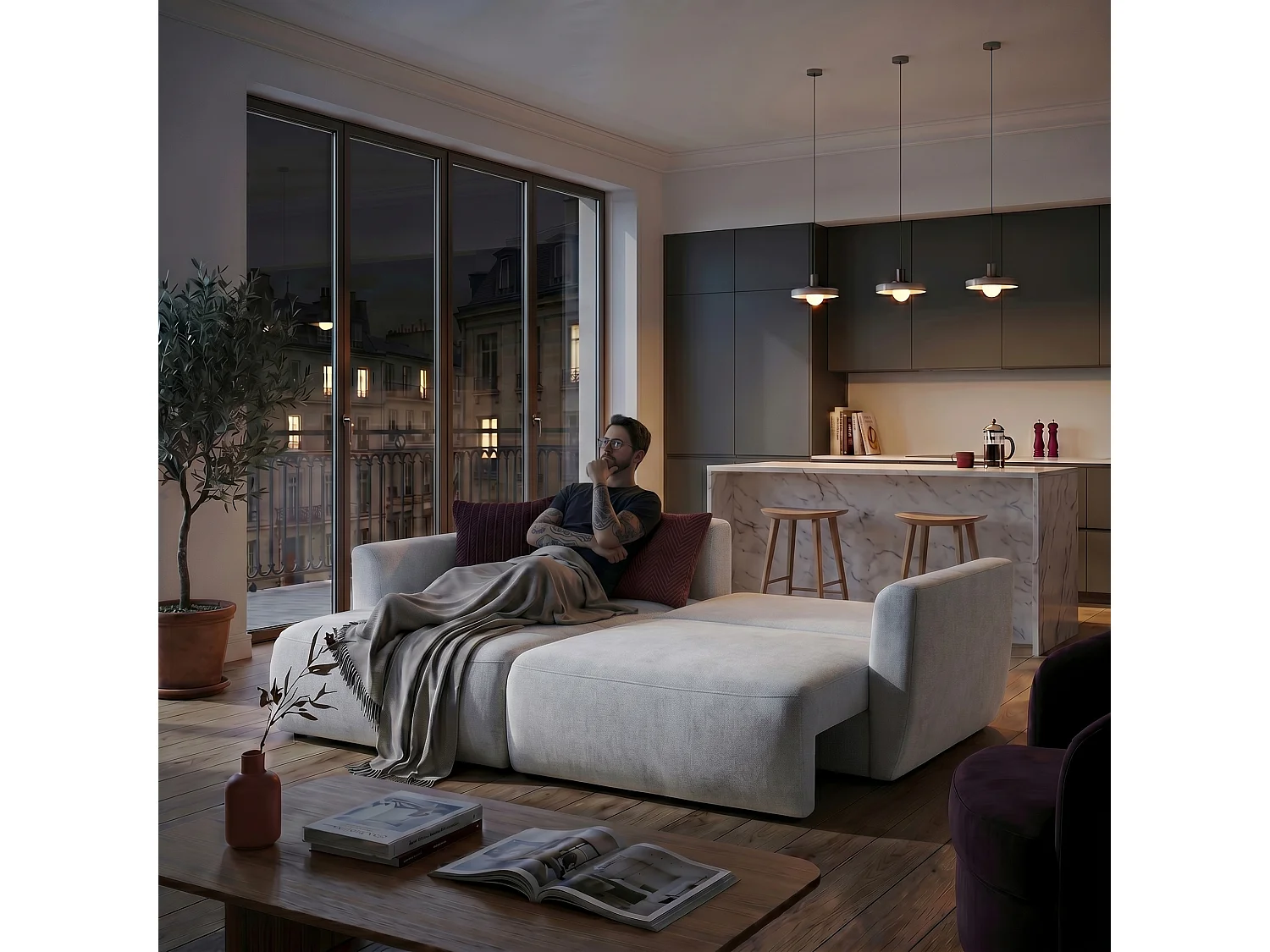 Canapé d'angle BELLA L Gauche avec fonction couchage 140x205 Velours Gris clair