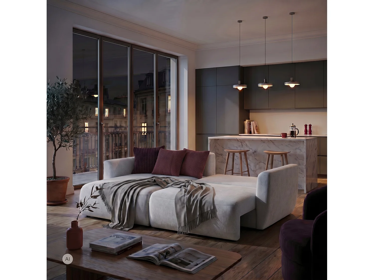 Hoekbank BELLA L links met slaapfunctie 140x205 velours lichtgrijs
