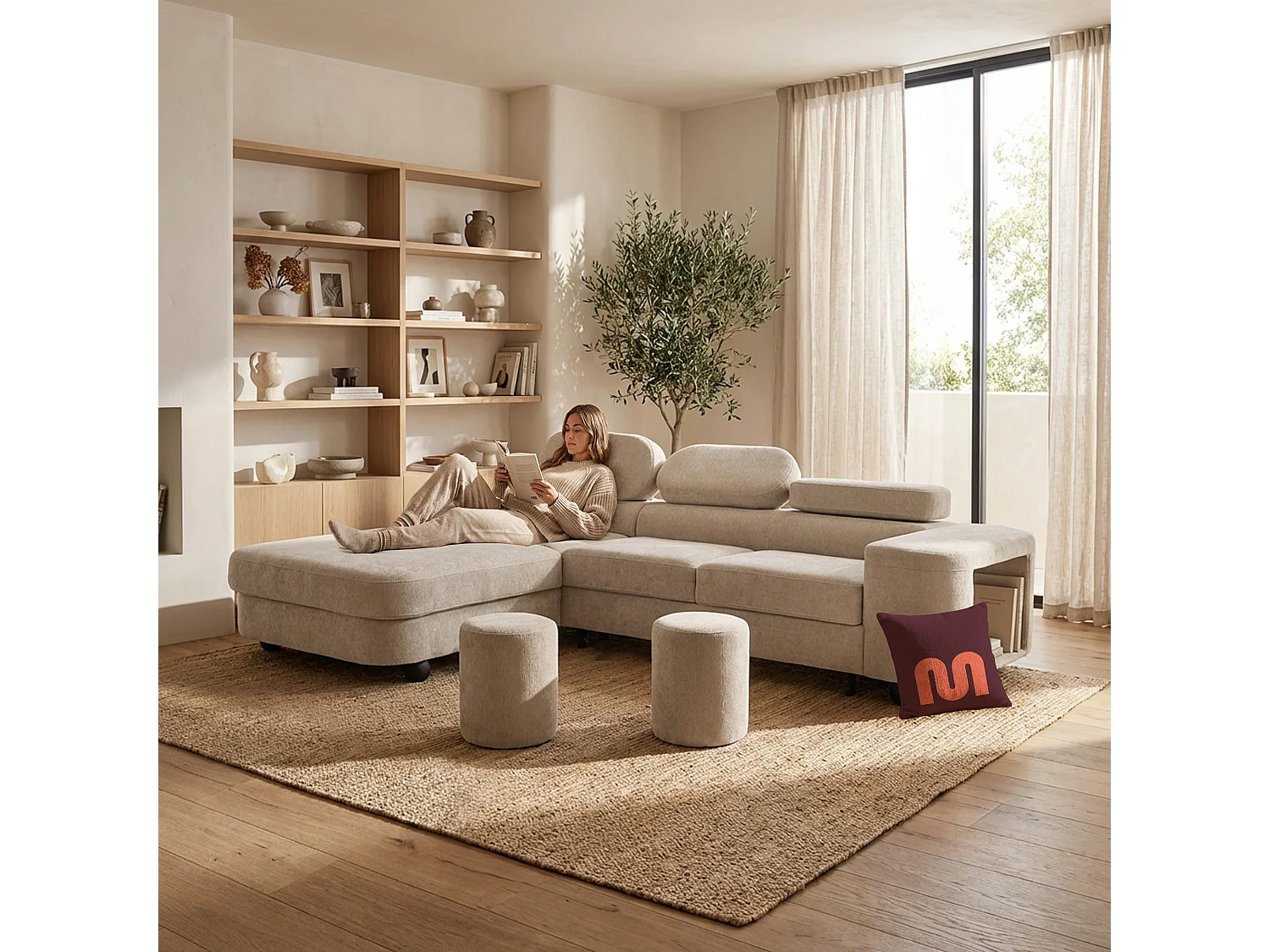 Canapé d'angle LOVE L Gauche avec fonction couchage 124x210 Chenille Beige