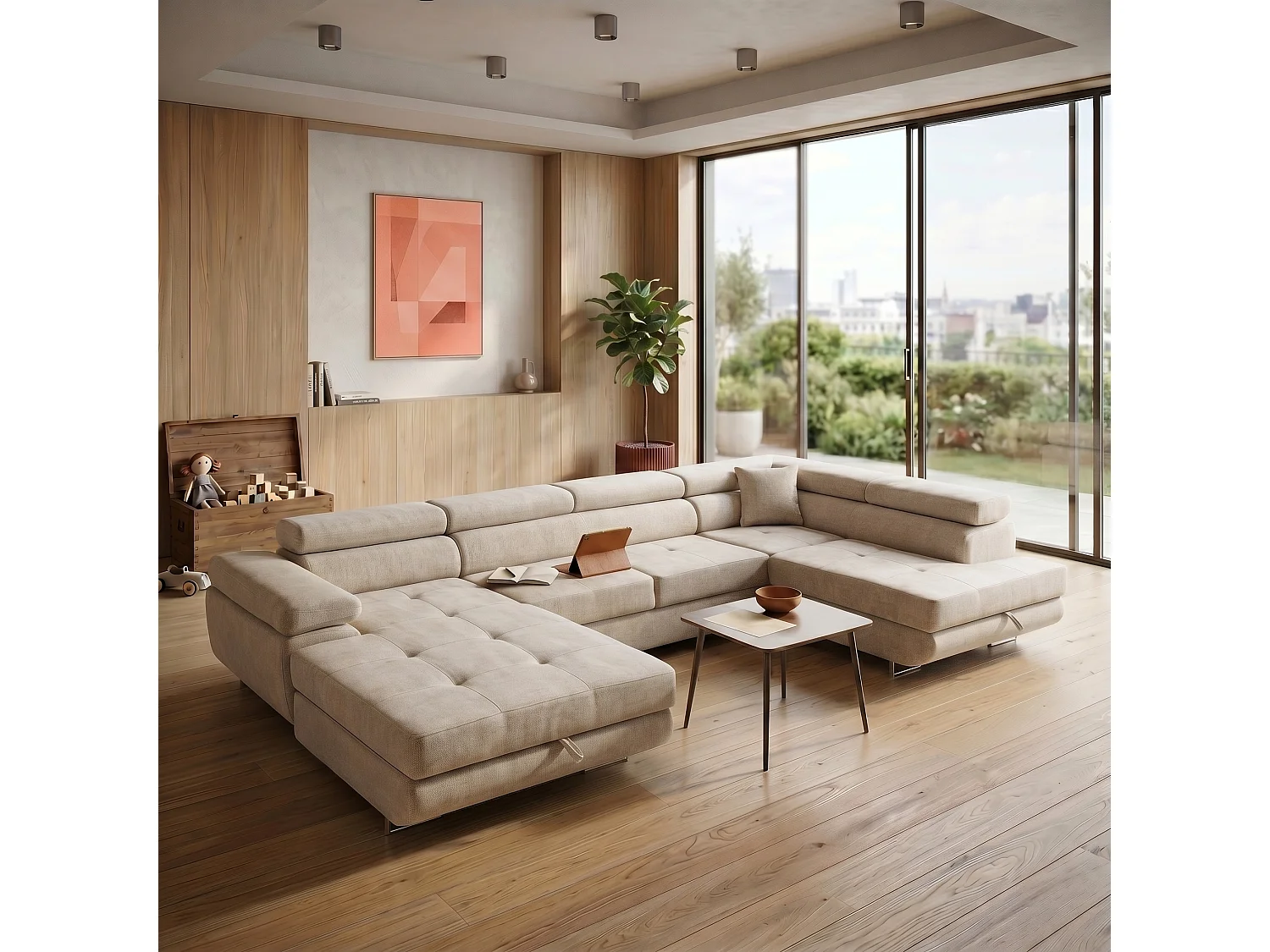 Canapé panoramique convertible avec coffre WILD U Droit avec fonction couchage  Chenille Beige
