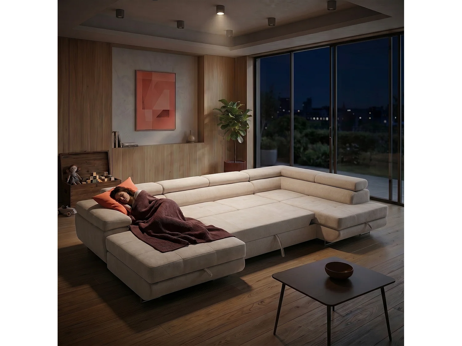 Canapé panoramique convertible avec coffre WILD U Droit avec fonction couchage  Chenille Beige