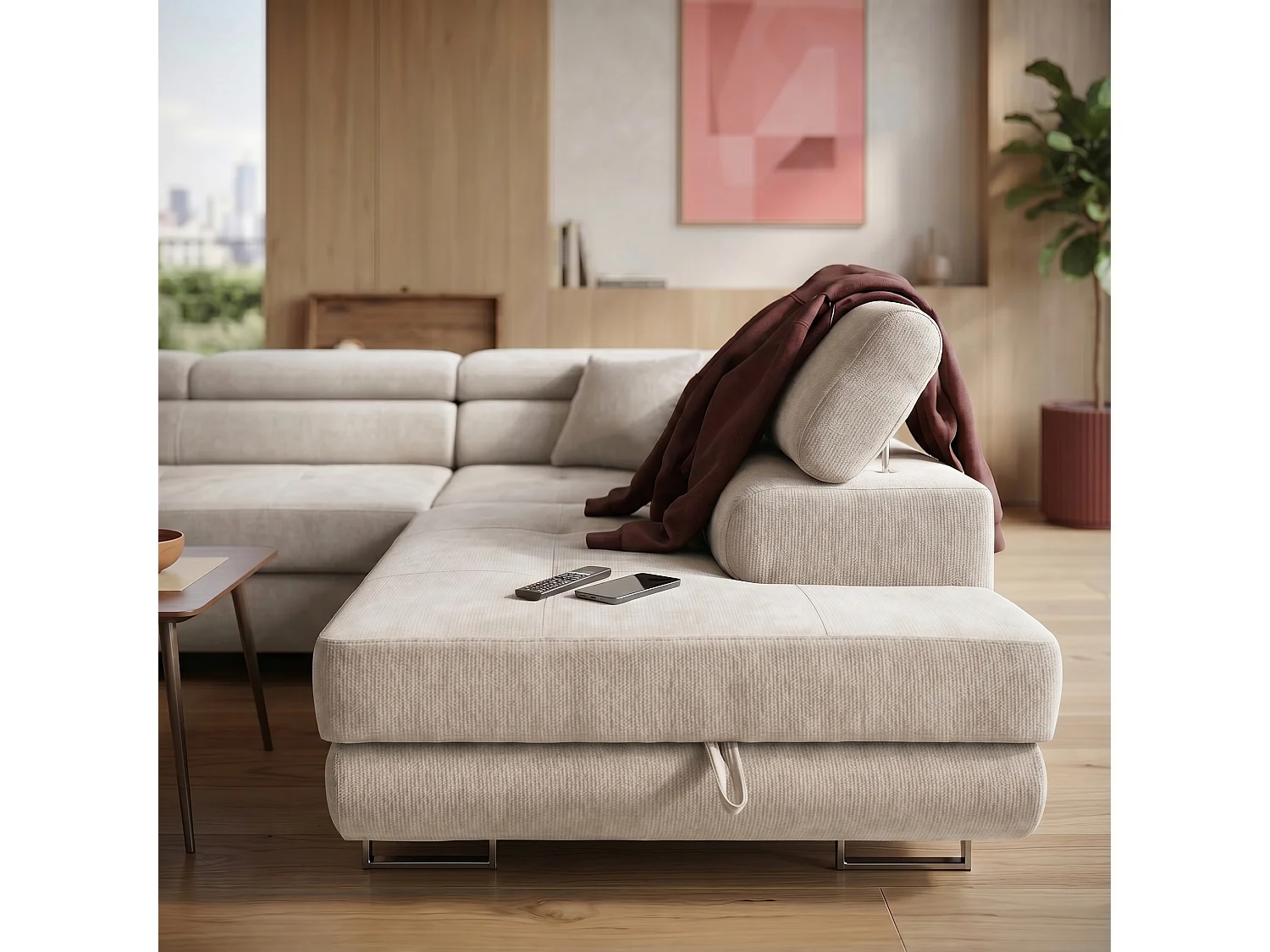 Canapé panoramique convertible avec coffre WILD U Droit avec fonction couchage  Chenille Beige