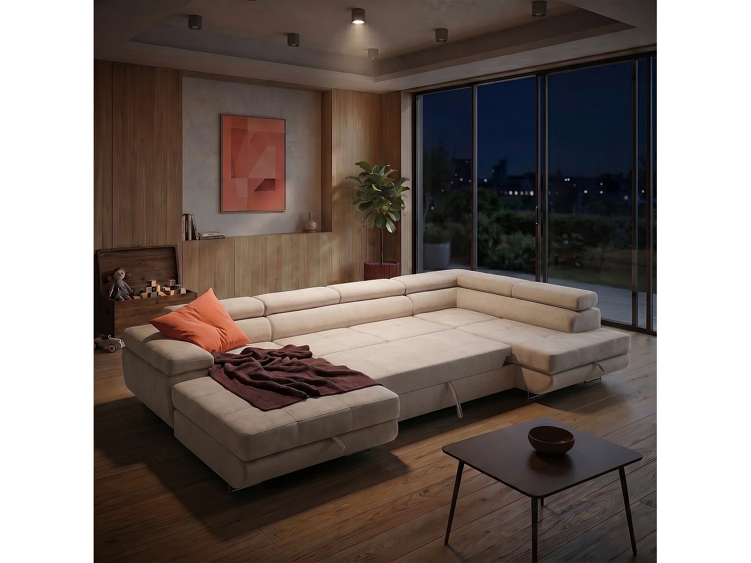 Canapé d'angle panoramique convertible 5 places avec coffre en tissu chenille beige WILD