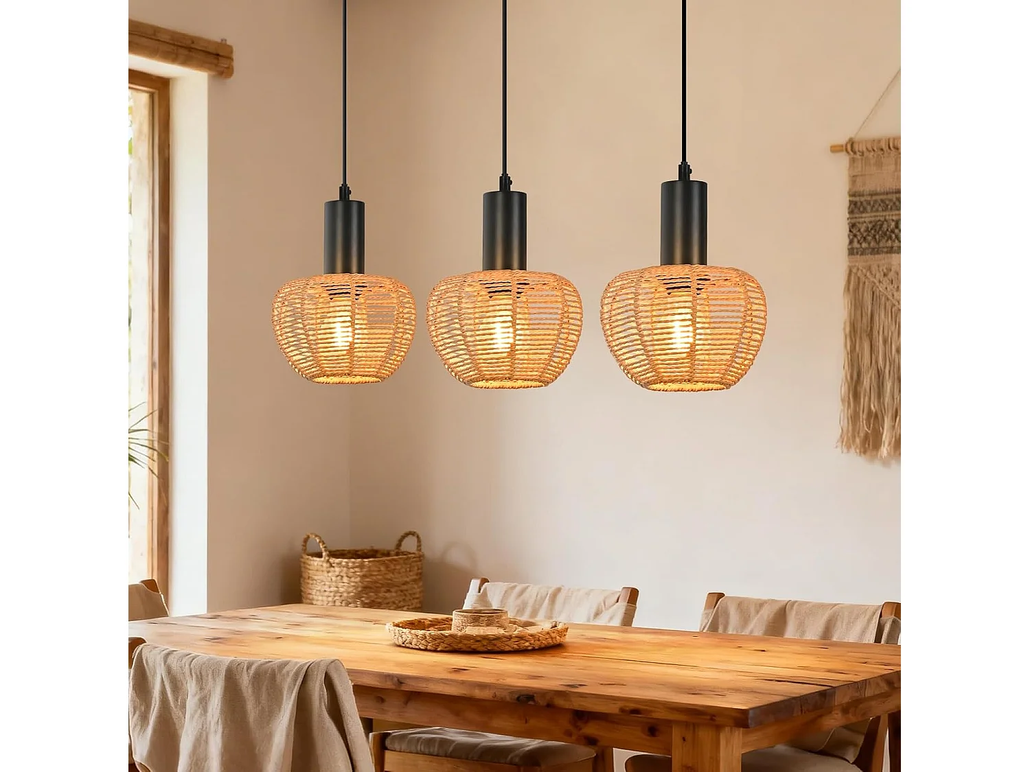 ZMH Suspension 3 Lumières Rotin Boho - Tressé Vintage Papier E27 - Pour Salle à Manger/Chambre (Sans Ampoule)