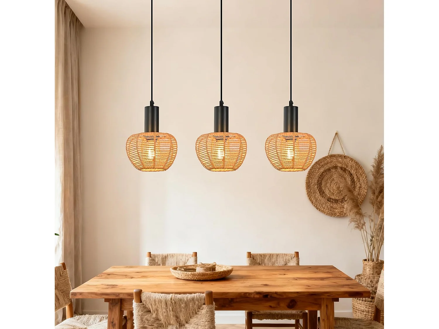 ZMH Suspension 3 Lumières Rotin Boho - Tressé Vintage Papier E27 - Pour Salle à Manger/Chambre (Sans Ampoule)