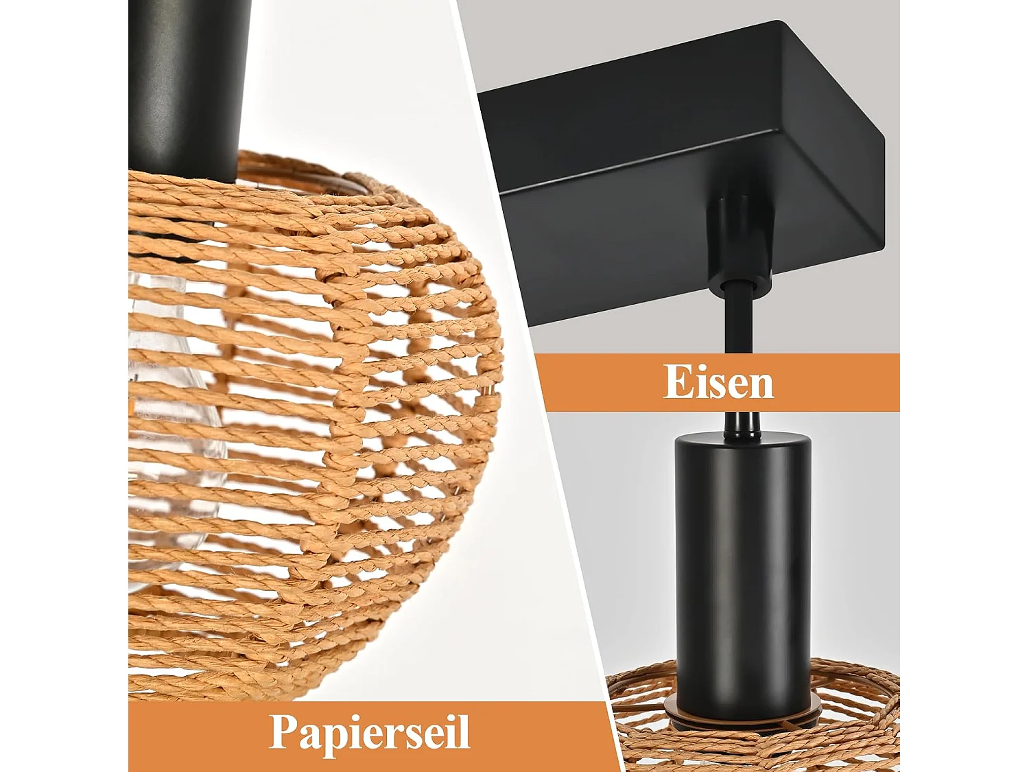 ZMH Suspension 3 Lumières Rotin Boho - Tressé Vintage Papier E27 - Pour Salle à Manger/Chambre (Sans Ampoule)