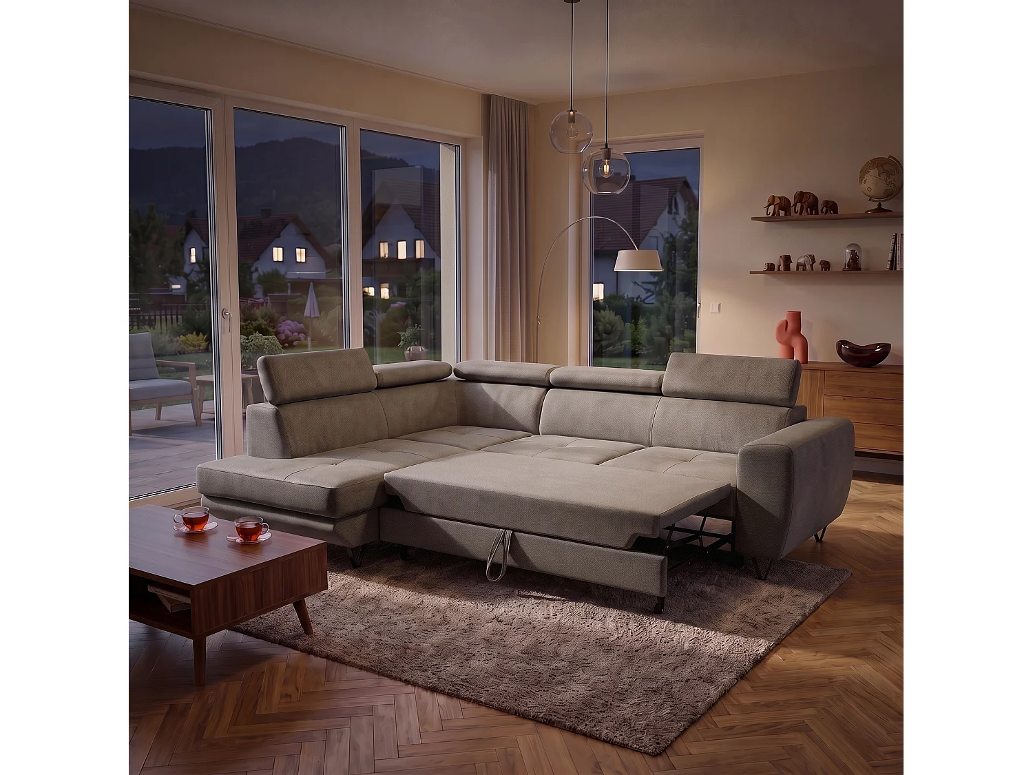 Hoekbank JUNIOR L links met slaapfunctie 128x194 velours beige