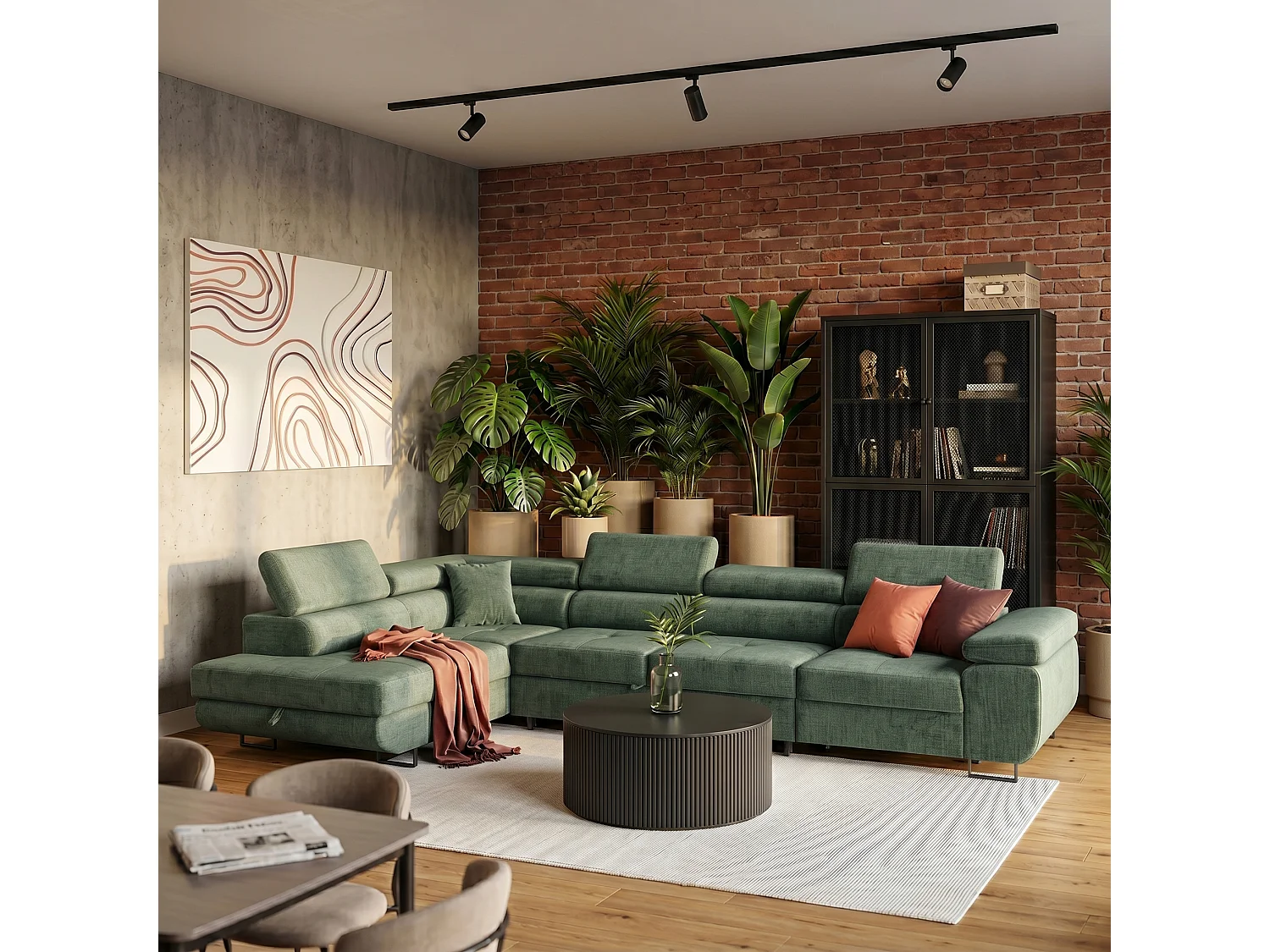Hoekbank WILD MAXI L links met slaapfunctie 125x195 velours groen