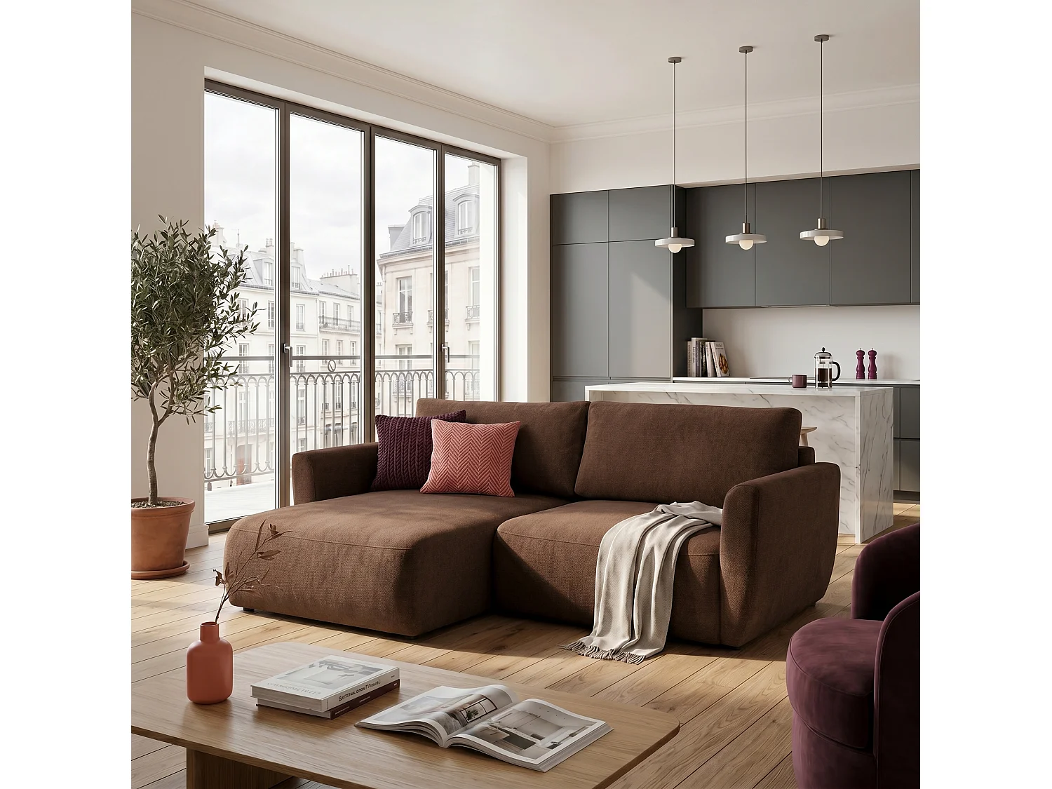 Canapé d'angle BELLA L Gauche avec fonction couchage 140x205 Velours Marron