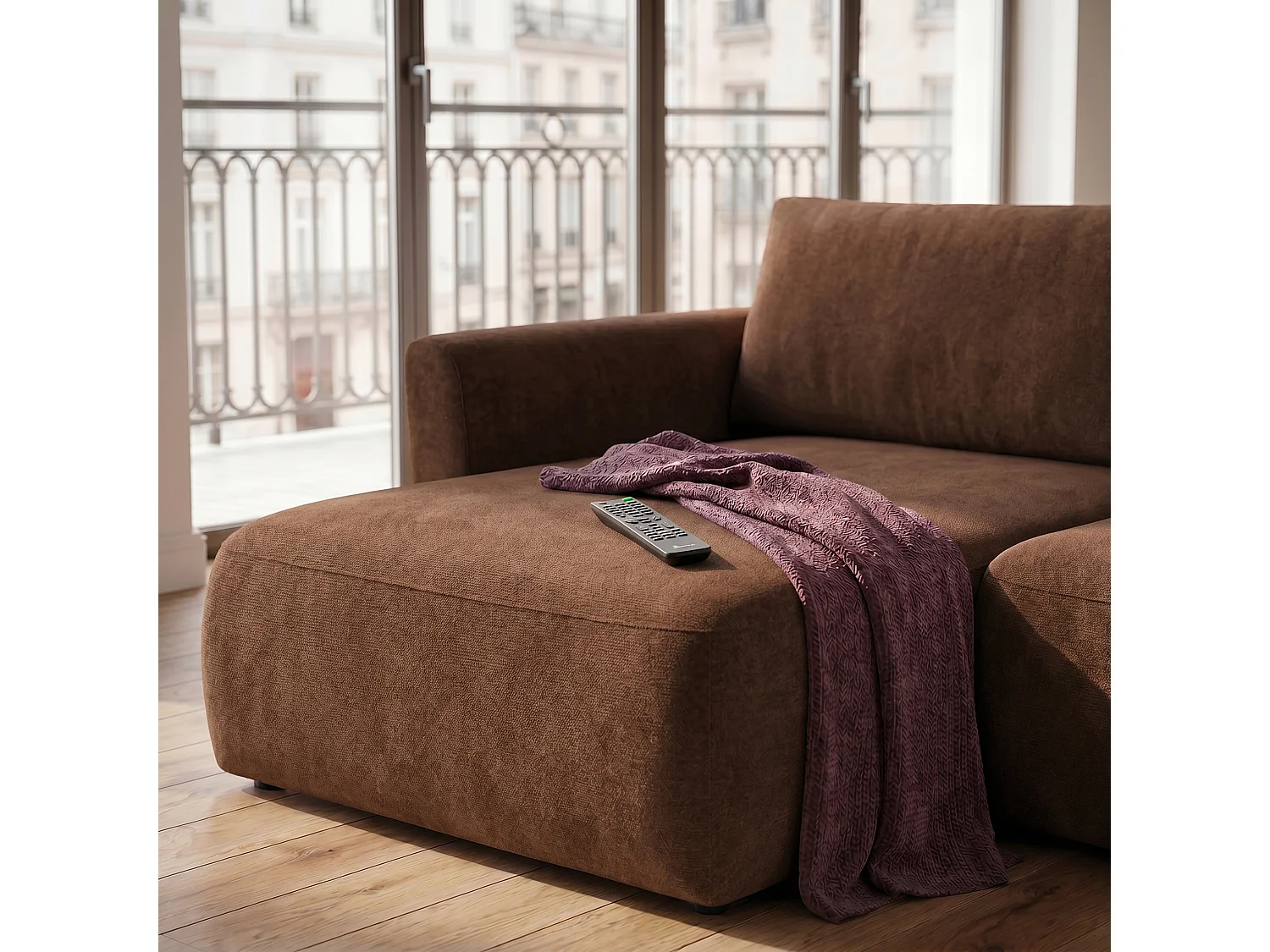 Canapé d'angle BELLA L Gauche avec fonction couchage 140x205 Velours Marron