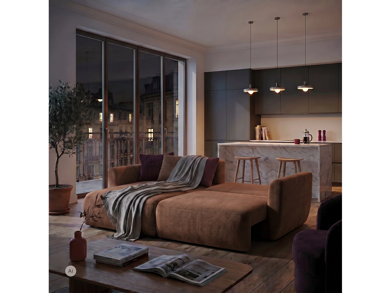 Hoekbank BELLA L links met slaapfunctie 140x205 velours bruin