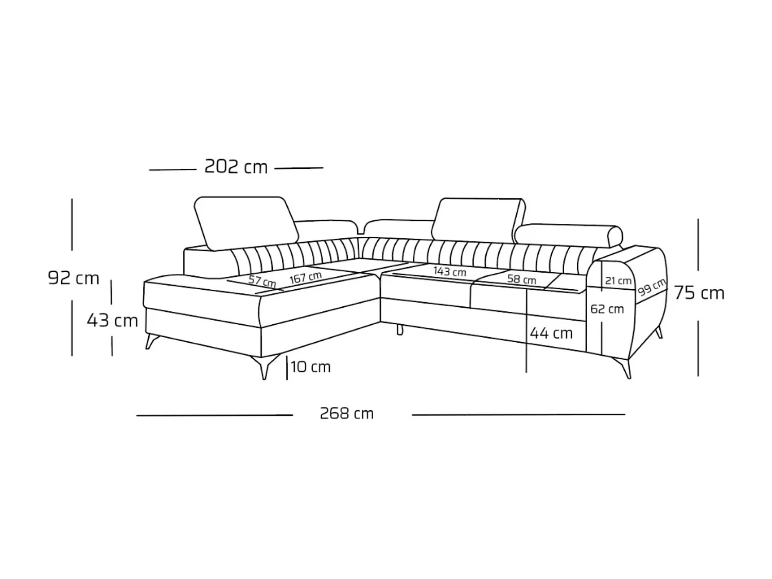 Canapé d'angle PIERO L Gauche avec fonction couchage 125x195 Velours Gris Foncé