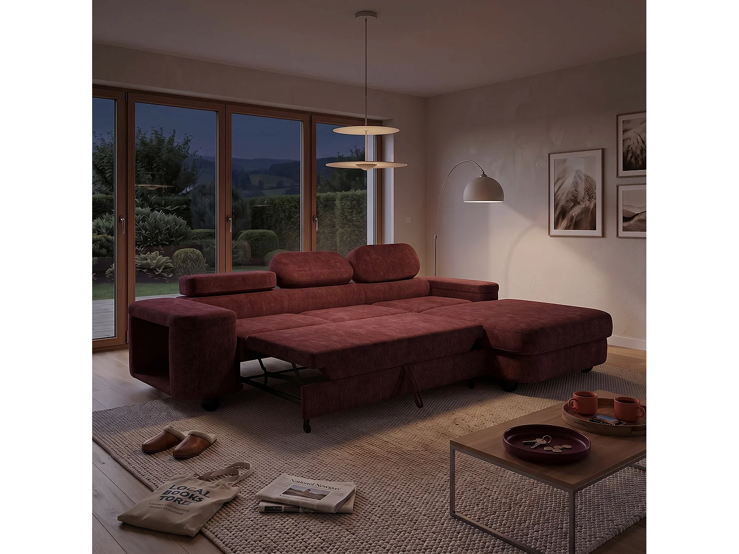 Hoekbank LOVE L rechts met slaapfunctie 124x210 chenille bordeaux