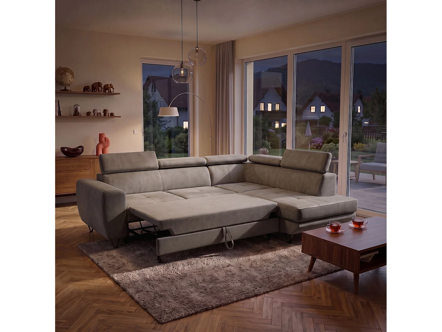 Hjørnesofa JUNIOR L højrevendt med sovefunktion 128x194 velour beige