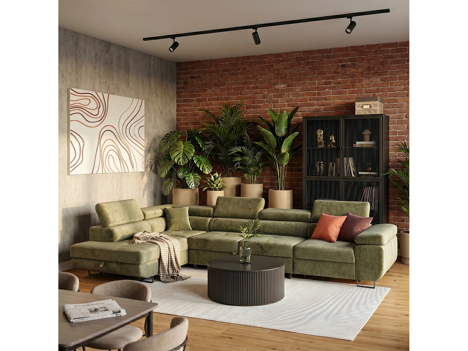 Hoekbank WILD MAXI L links met slaapfunctie 125x195 velours lichtgroen