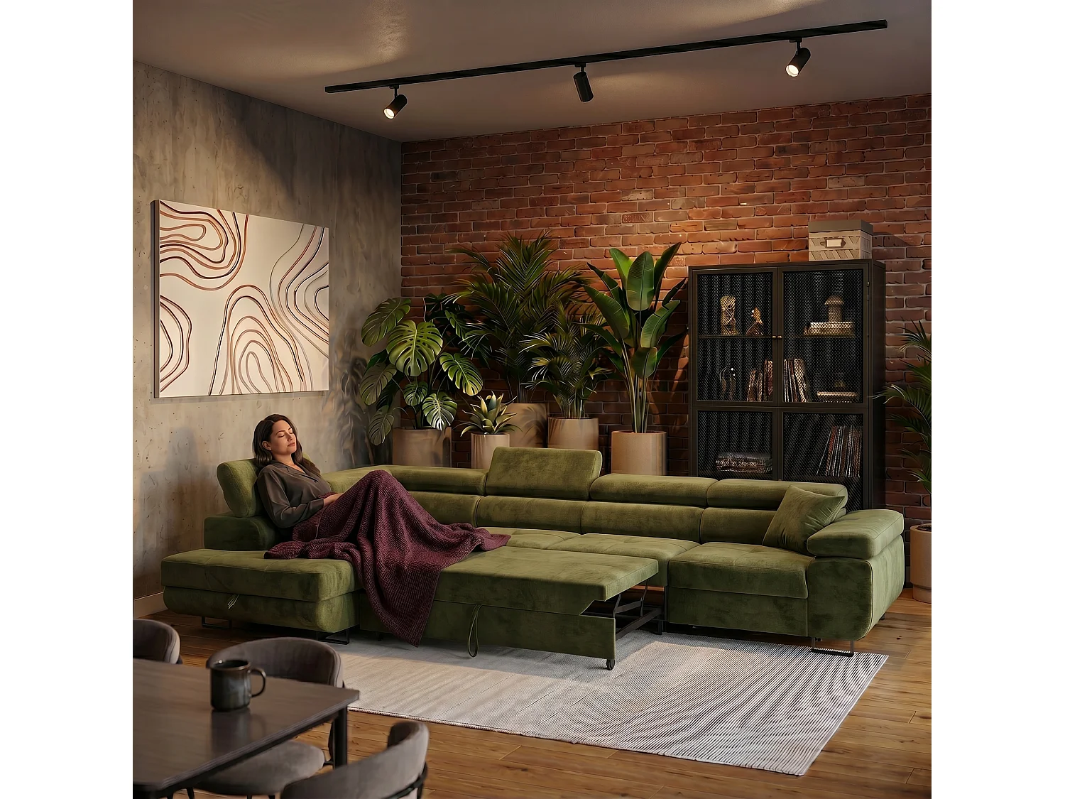 Hoekbank WILD MAXI L links met slaapfunctie 125x195 velours lichtgroen