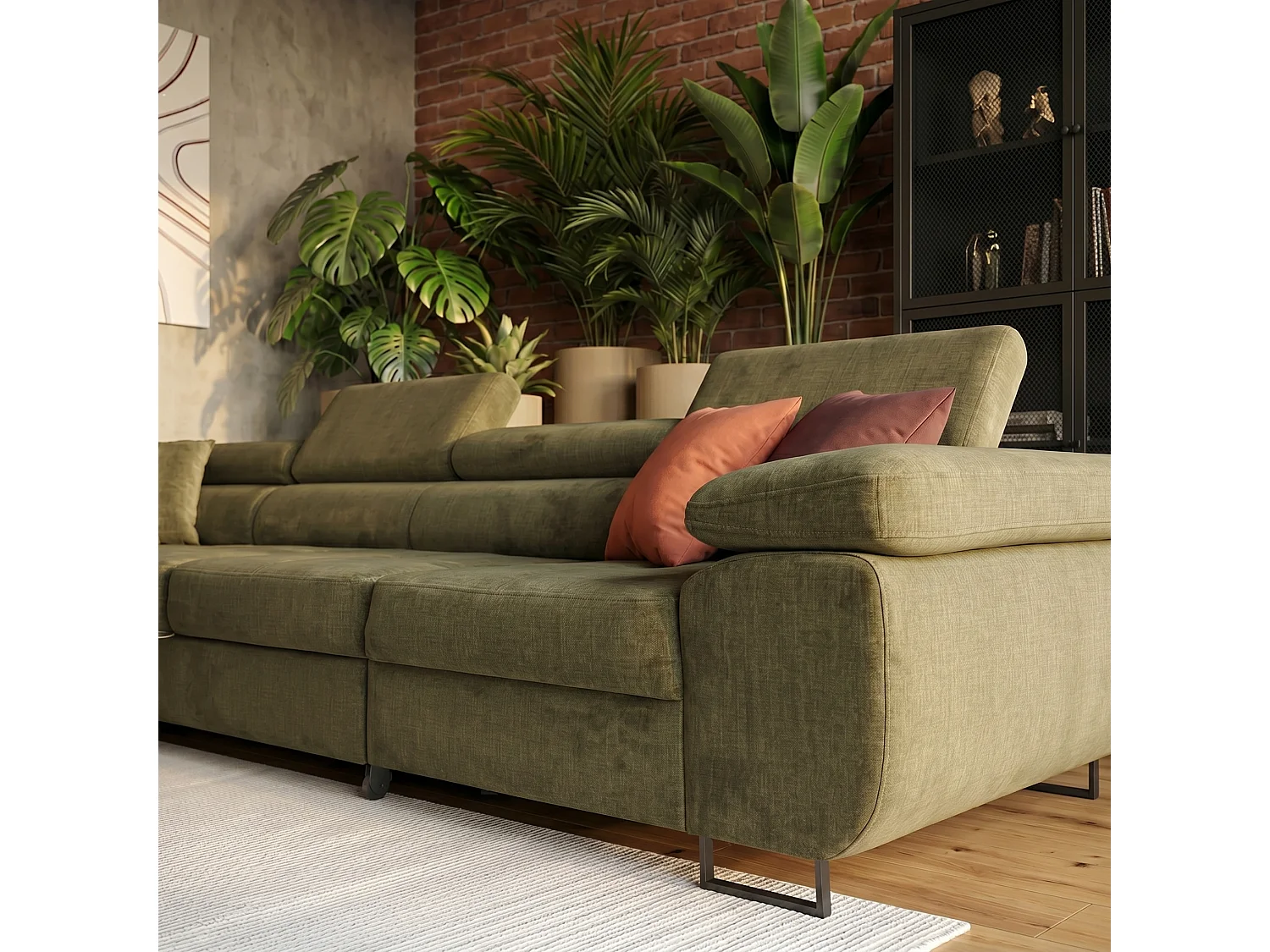 Hoekbank WILD MAXI L links met slaapfunctie 125x195 velours lichtgroen