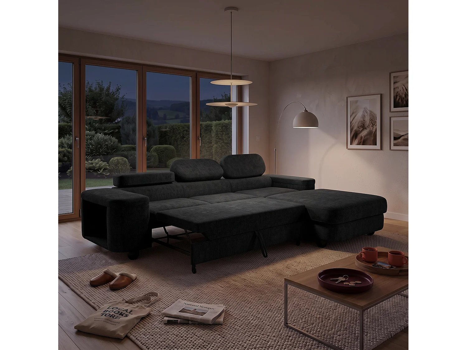 Canapé d'angle droit 3 places en tissu chenille noir LOVE