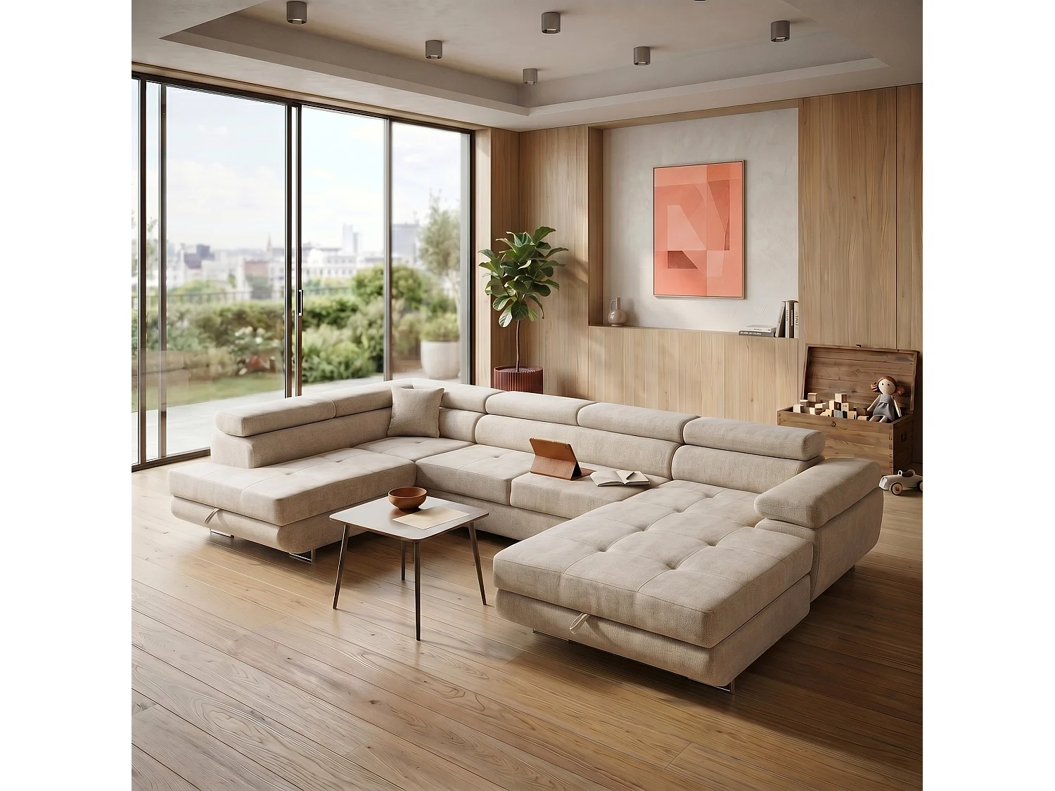 Canapé panoramique convertible avec coffre WILD U Gauche avec fonction couchage  Chenille Beige