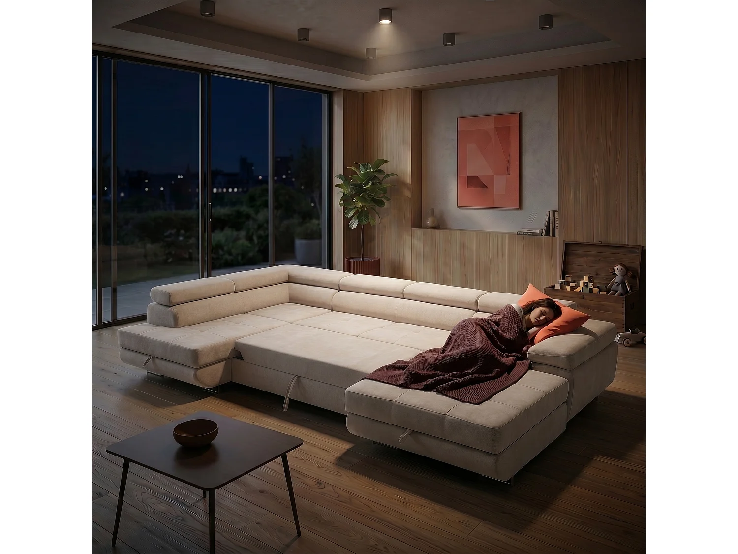 Canapé panoramique convertible avec coffre WILD U Gauche avec fonction couchage  Chenille Beige