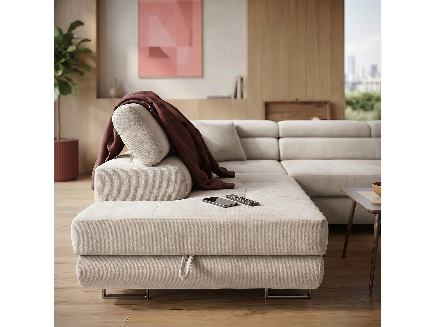Canapé panoramique convertible avec coffre WILD U Gauche avec fonction couchage  Chenille Beige