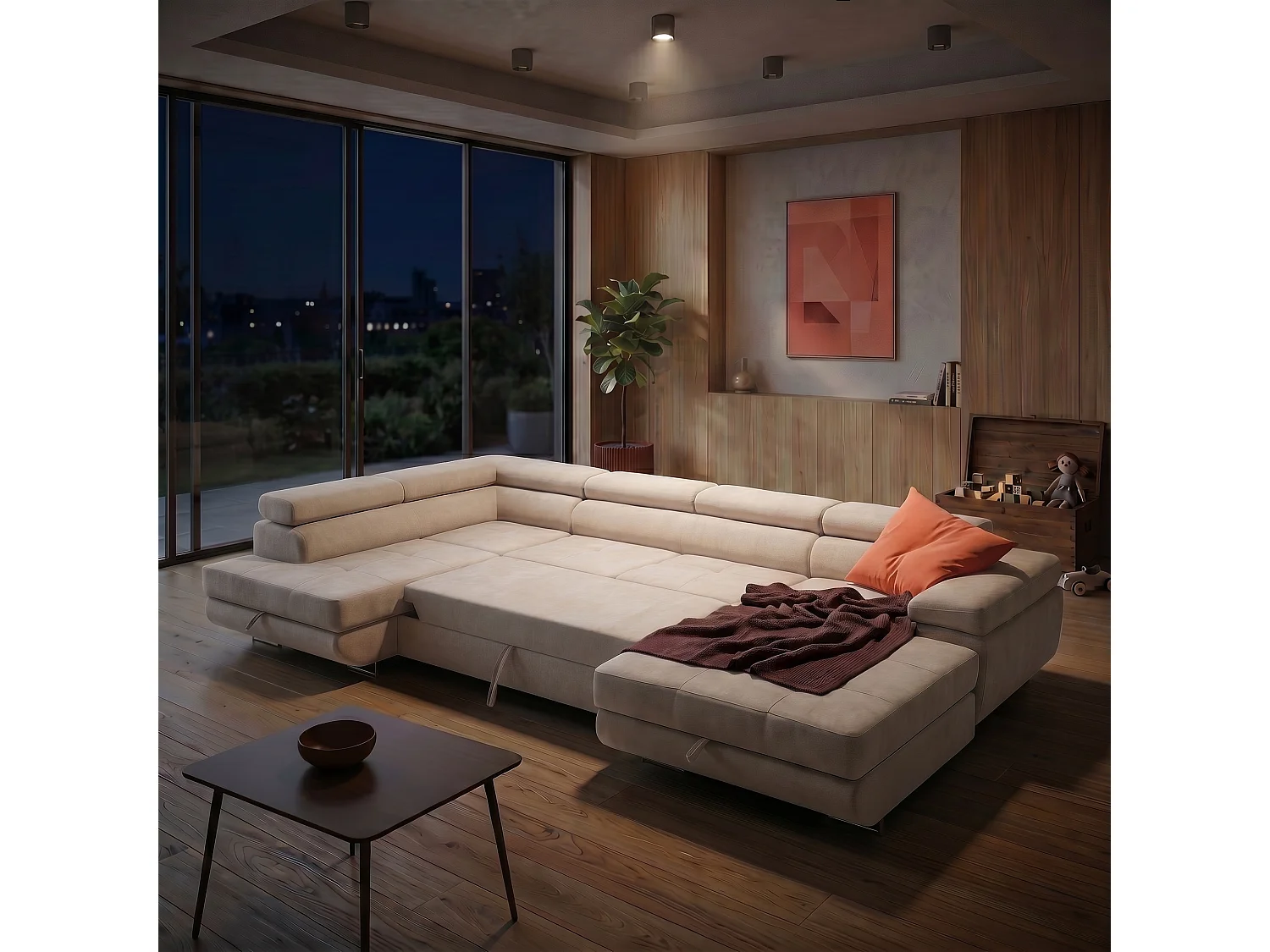 Canapé d'angle panoramique convertible 5 places avec coffre en tissu chenille beige WILD