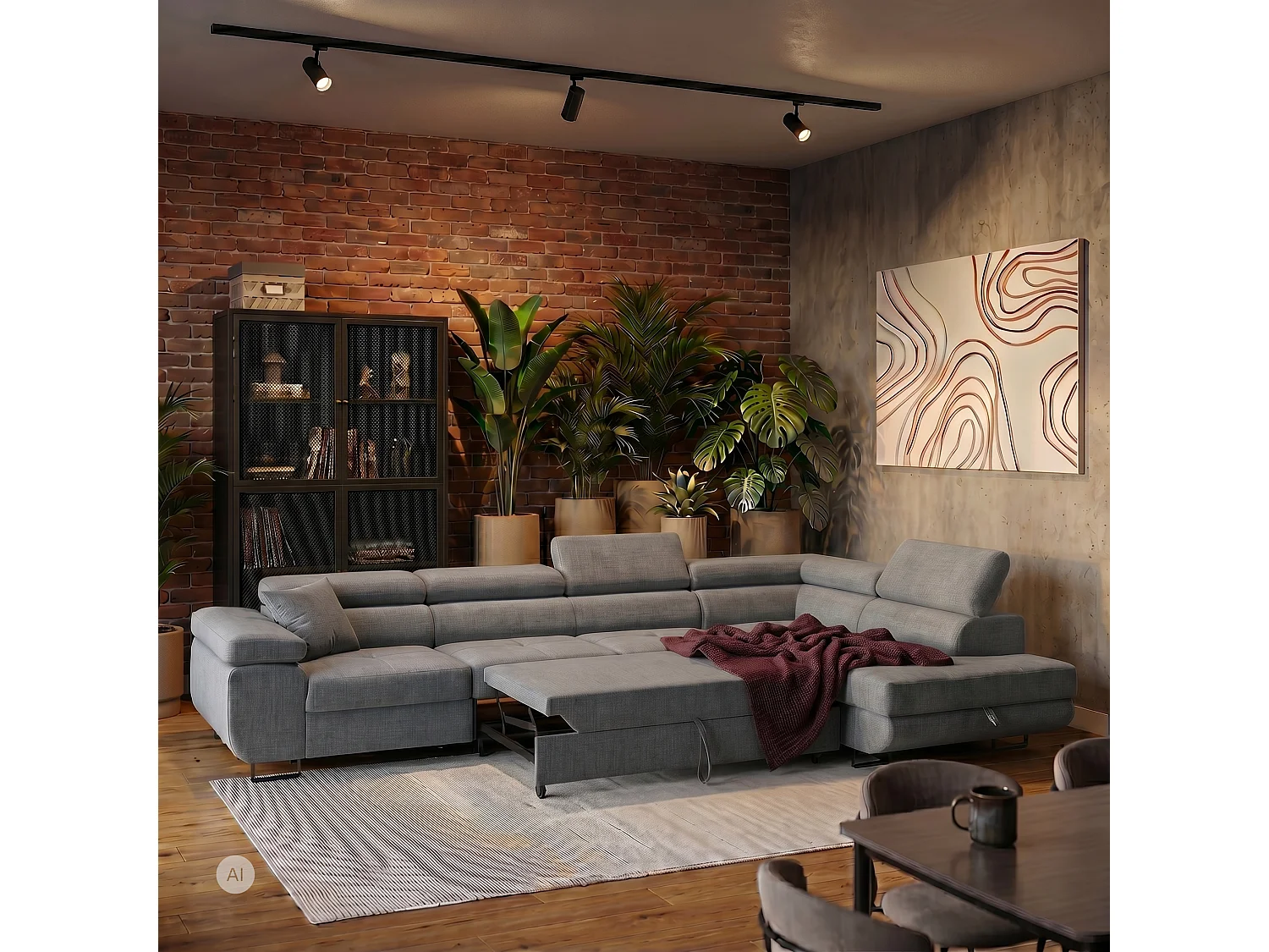 Canapé d'angle droit 5 places en velours gris WILD