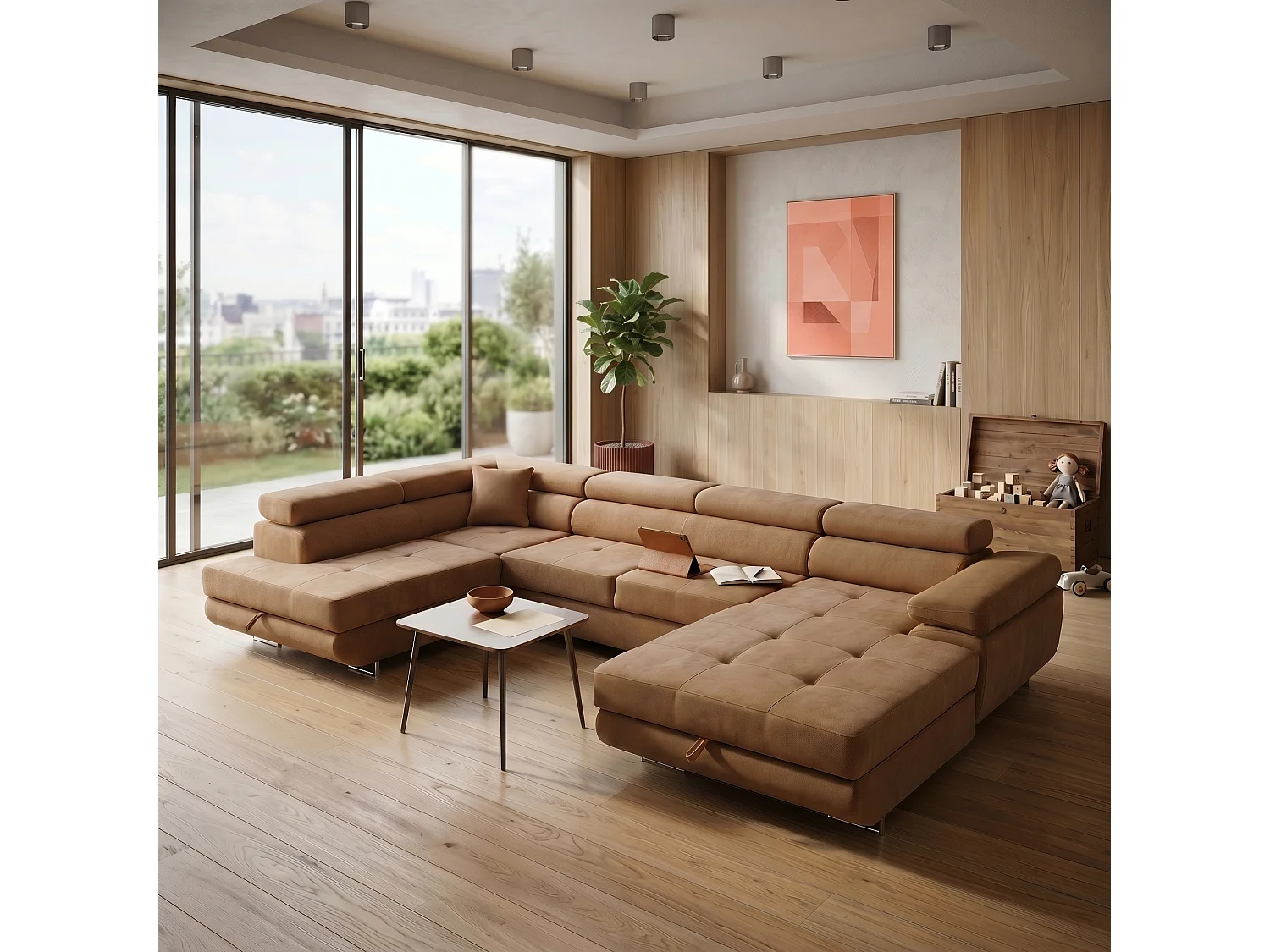Canapé panoramique convertible avec coffre WILD U Gauche avec fonction couchage  Chenille Marron