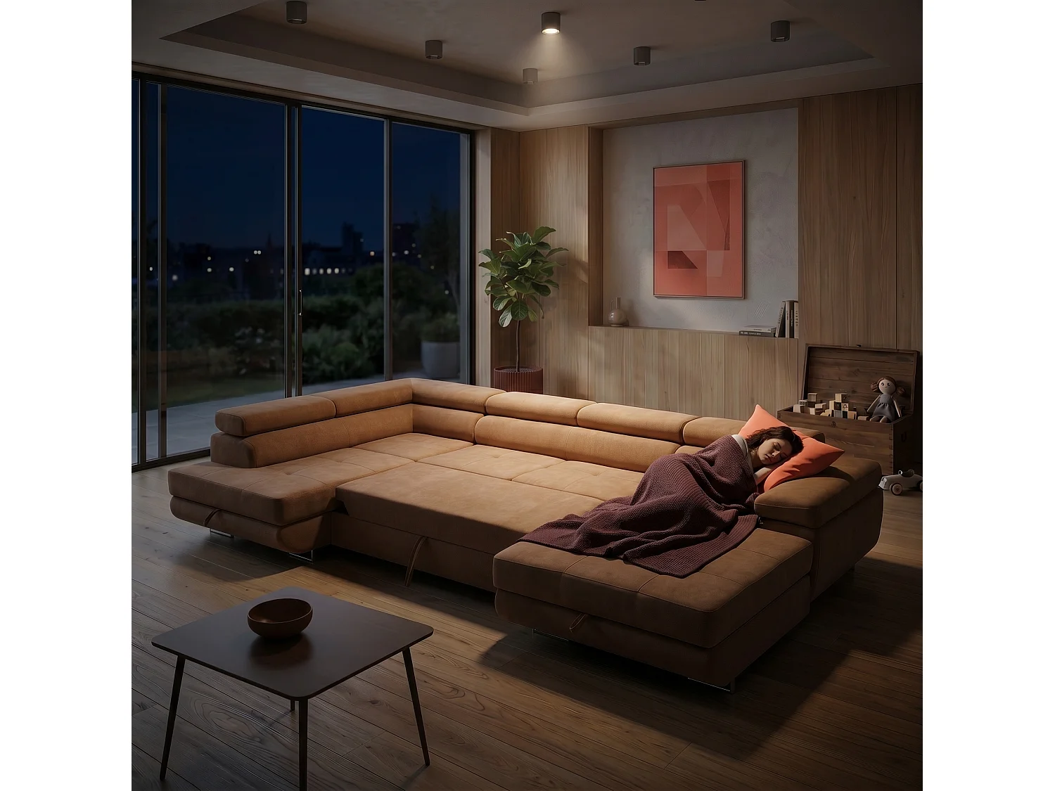Canapé panoramique convertible avec coffre WILD U Gauche avec fonction couchage  Chenille Marron