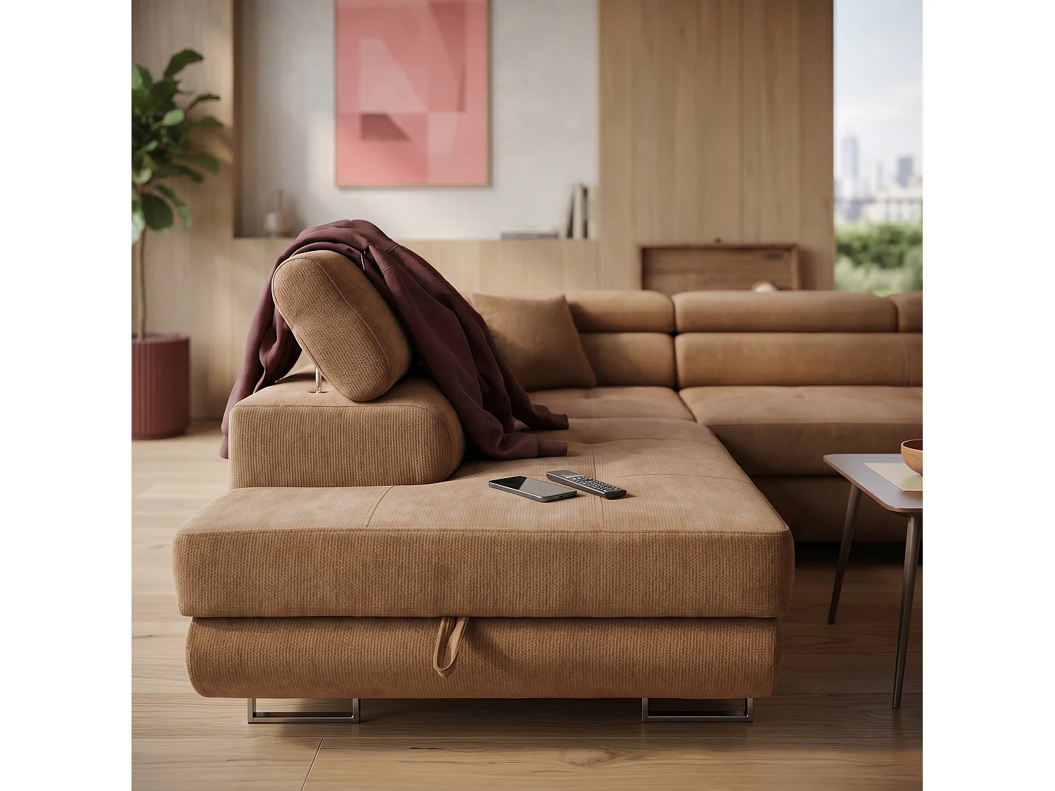 Canapé panoramique convertible avec coffre WILD U Gauche avec fonction couchage  Chenille Marron