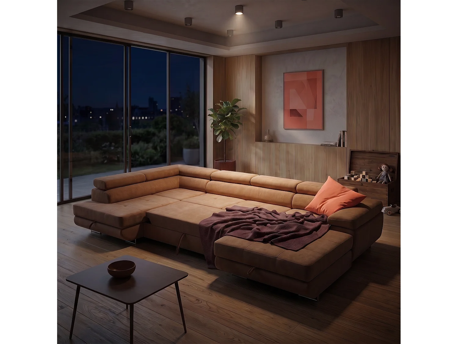 Canapé d'angle panoramique convertible 5 places avec coffre en tissu chenille marron WILD