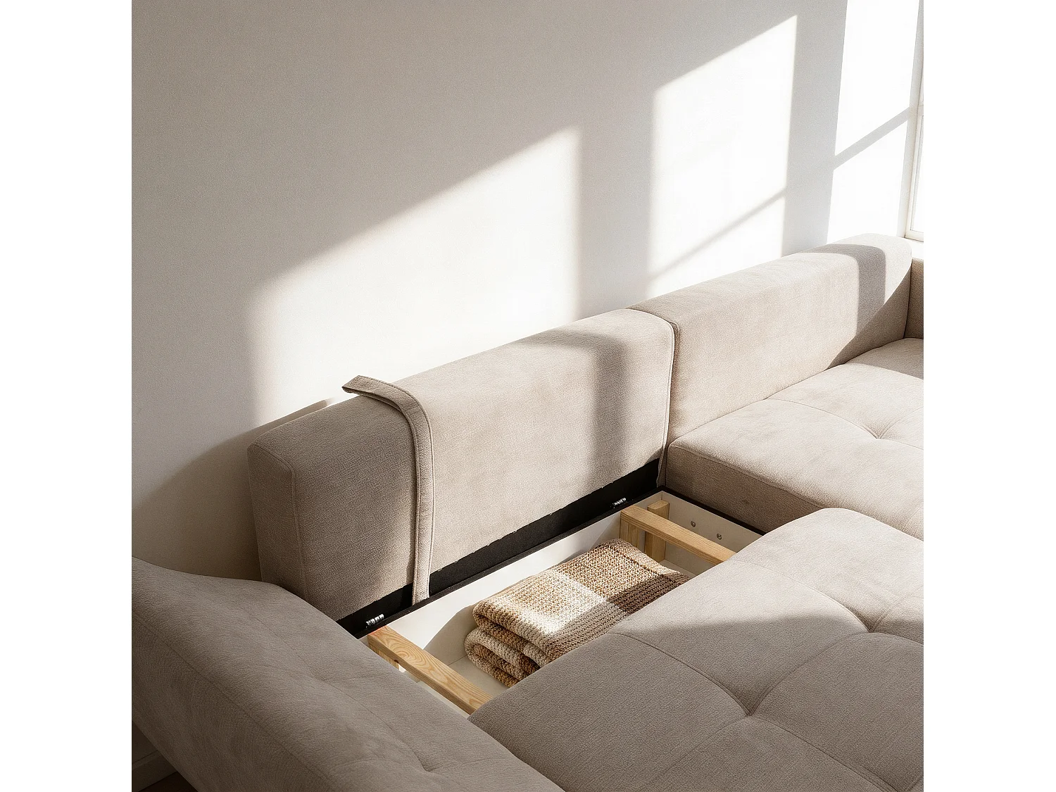 Canapé d'angle droit 3 places en tissu chenille beige NICE