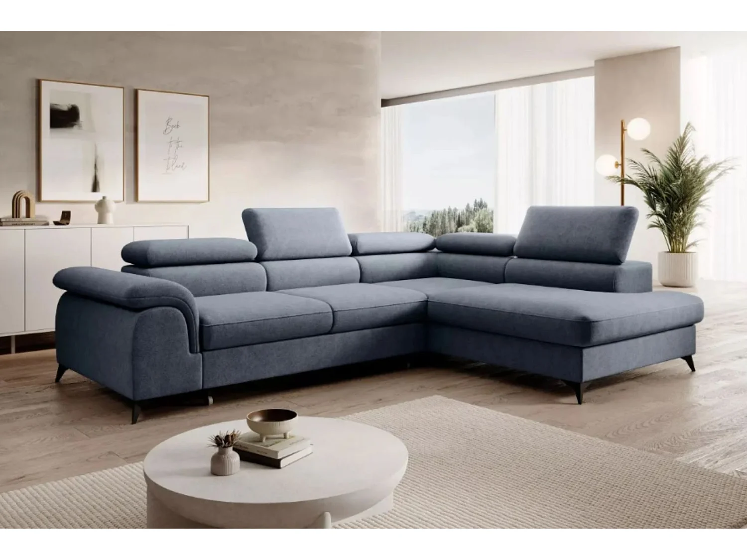 Canapé d'angle PLAZA L Droit avec fonction couchage 125x195 Velours Bleu