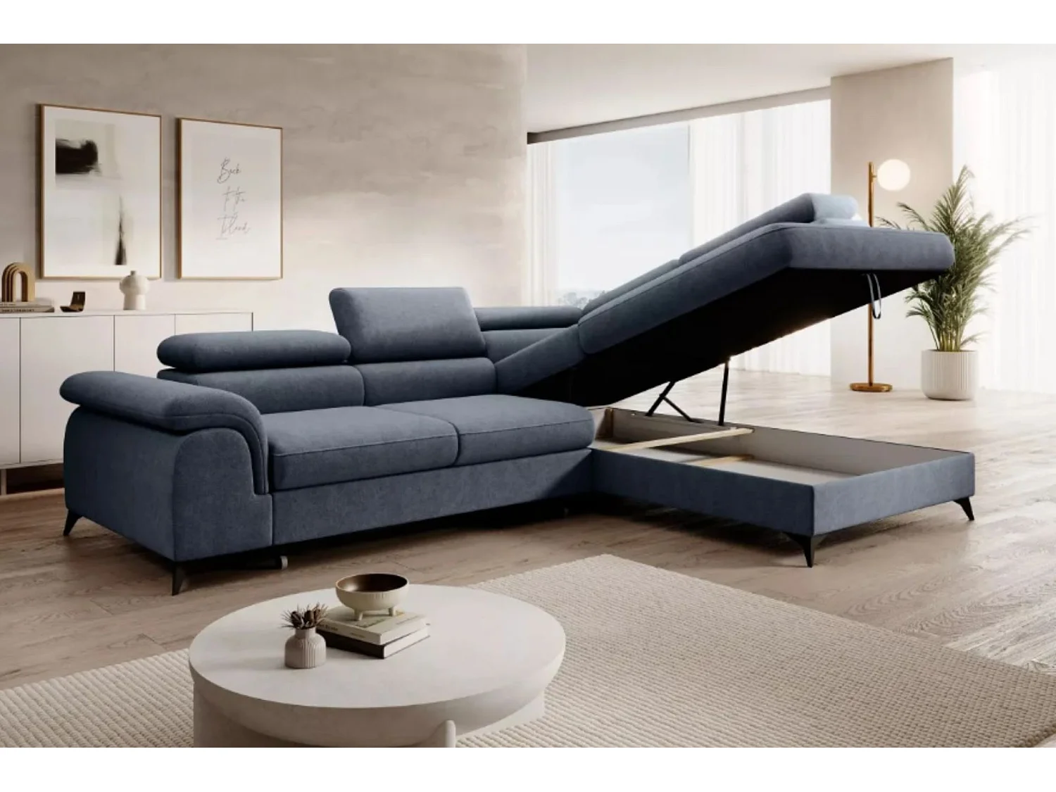 Canapé d'angle PLAZA L Droit avec fonction couchage 125x195 Velours Bleu
