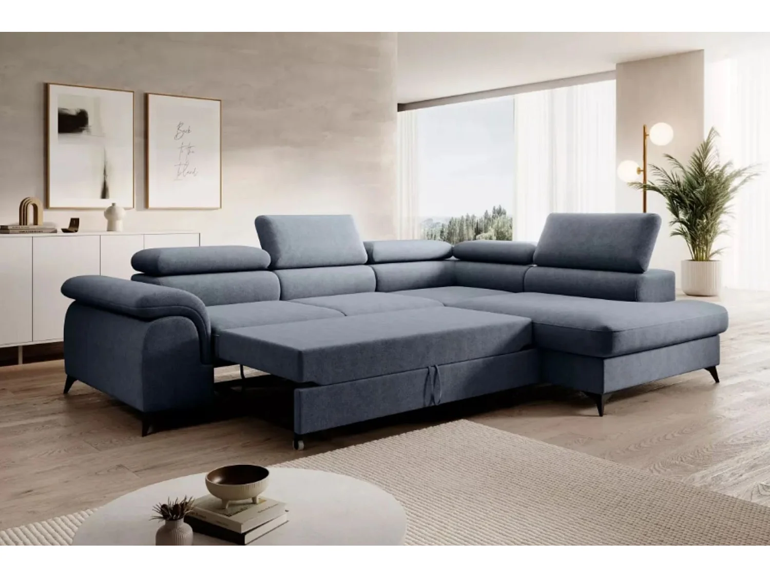Canapé d'angle PLAZA L Droit avec fonction couchage 125x195 Velours Bleu