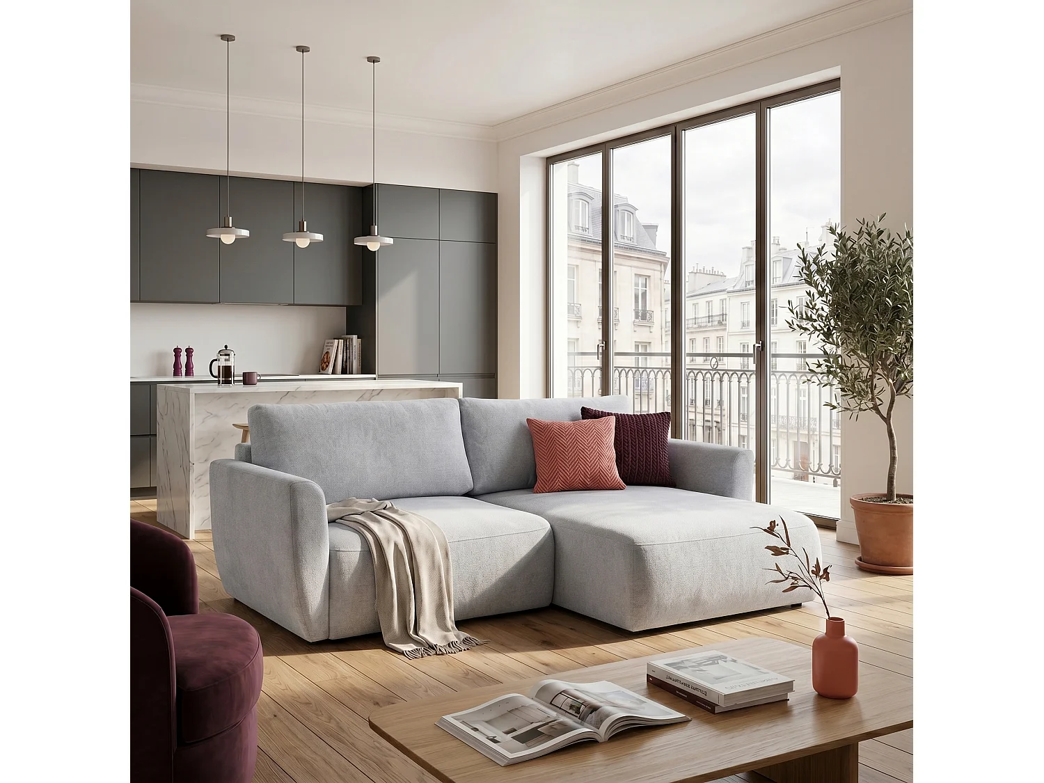 Canapé d'angle BELLA L Droit avec fonction couchage 140x205 Velours Gris clair