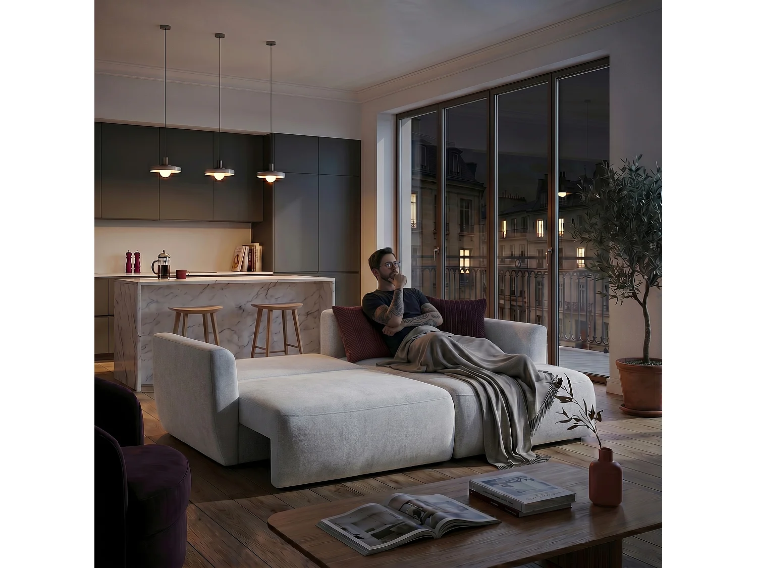 Canapé d'angle BELLA L Droit avec fonction couchage 140x205 Velours Gris clair