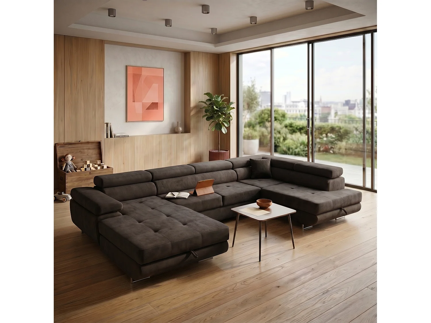 Canapé panoramique convertible avec coffre WILD U Droit avec fonction couchage  Chenille Marron foncé