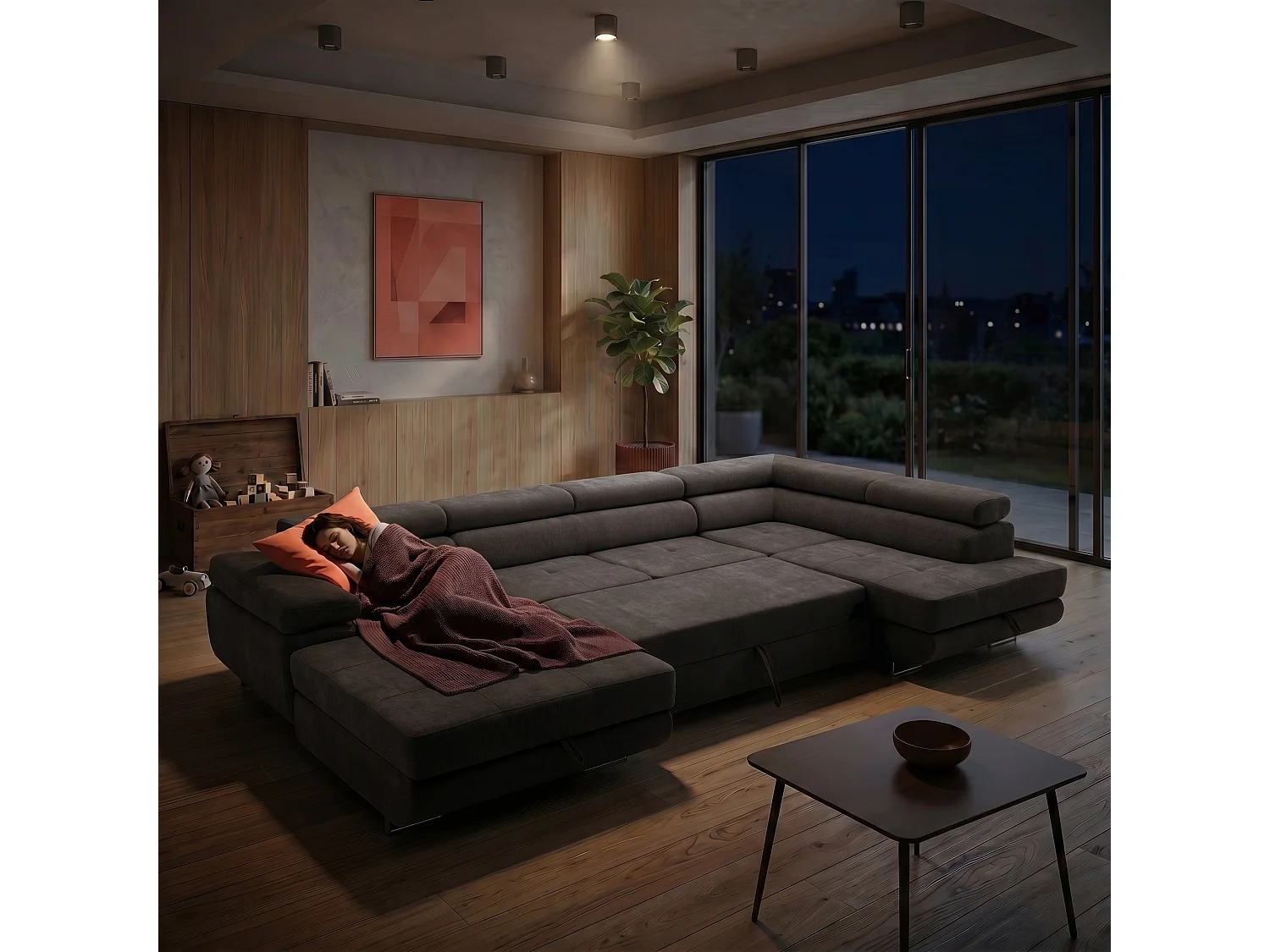 Canapé panoramique convertible avec coffre WILD U Droit avec fonction couchage  Chenille Marron foncé