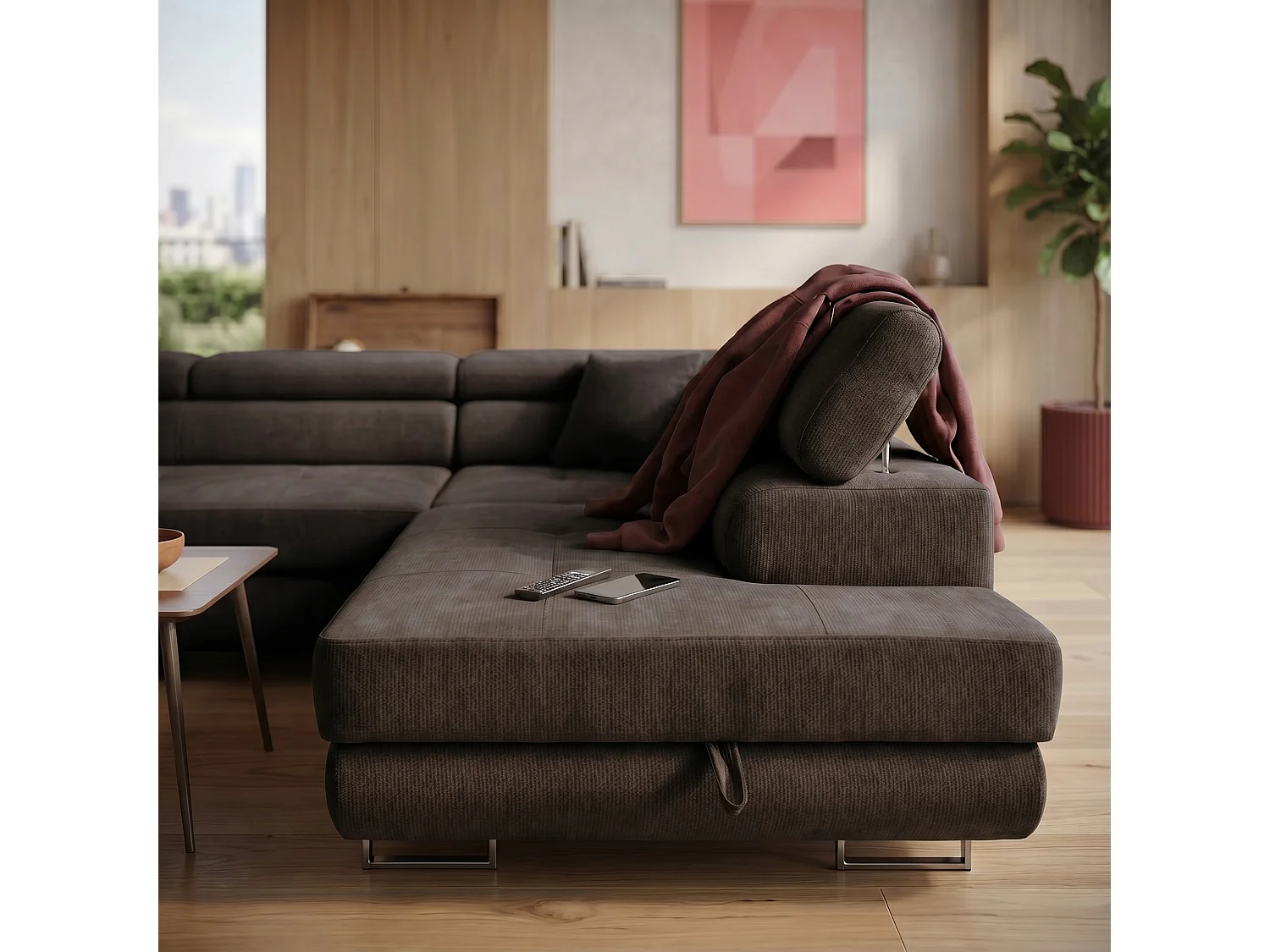 Canapé panoramique convertible avec coffre WILD U Droit avec fonction couchage  Chenille Marron foncé