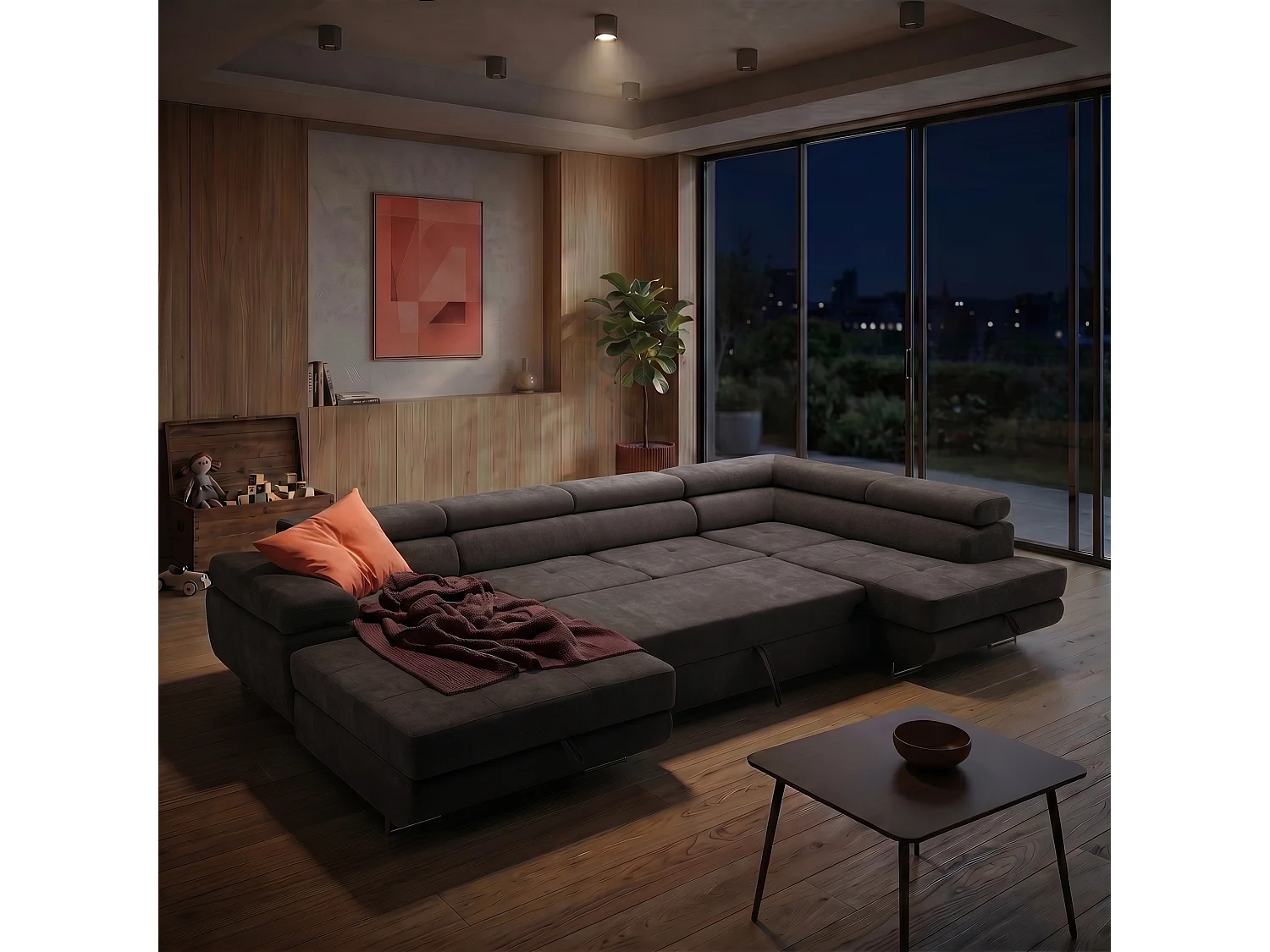 Canapé d'angle panoramique convertible 5 places avec coffre en tissu chenille marron WILD