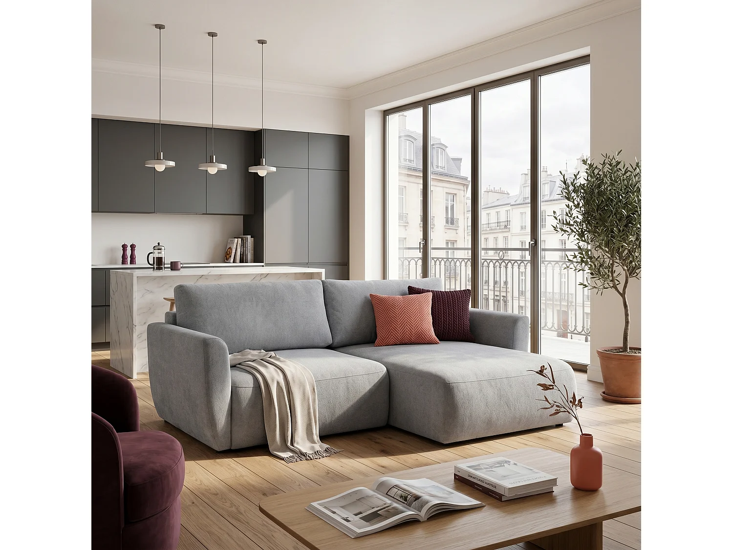 Canapé d'angle BELLA L Droit avec fonction couchage 140x205 Velours Gris
