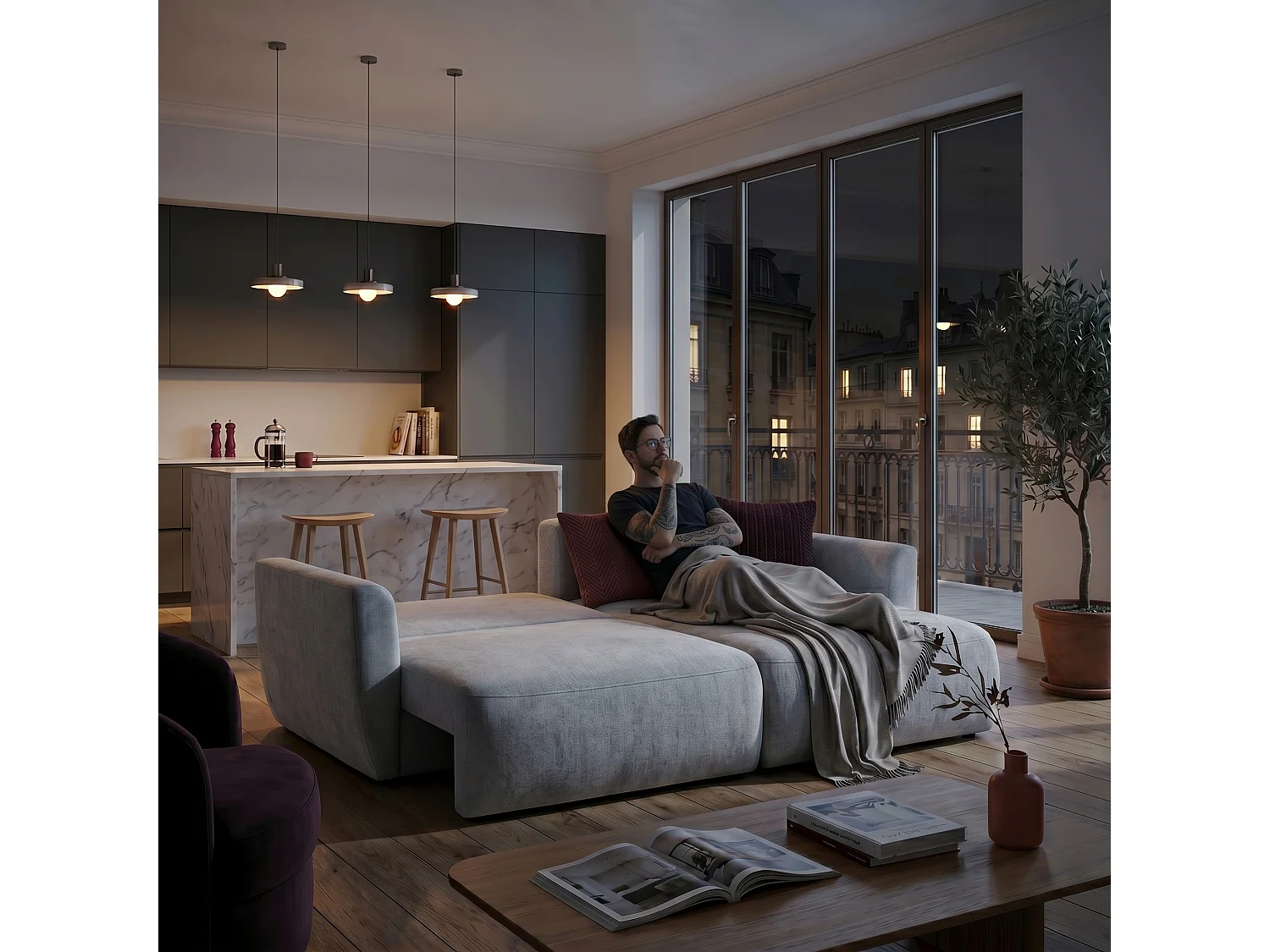 Canapé d'angle BELLA L Droit avec fonction couchage 140x205 Velours Gris