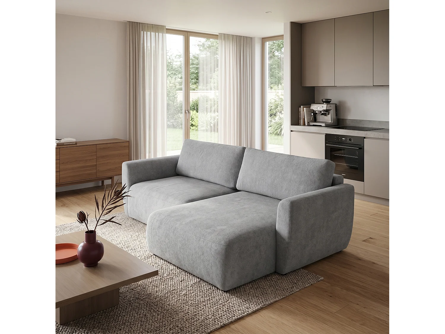 Canapé d'angle BELLA L Droit avec fonction couchage 140x205 Velours Gris