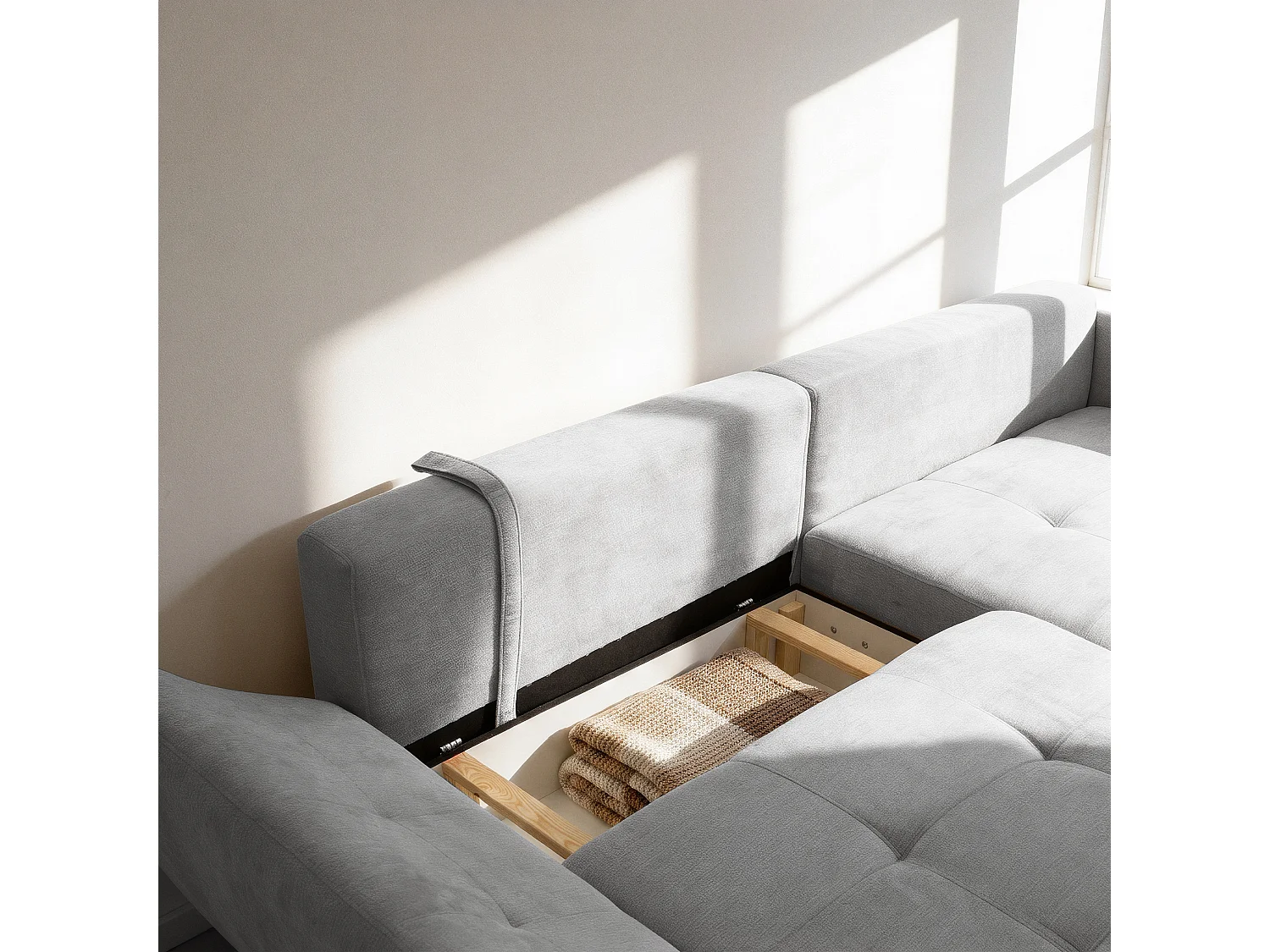 Canapé d'angle droit 3 places en tissu chenille gris clair NICE