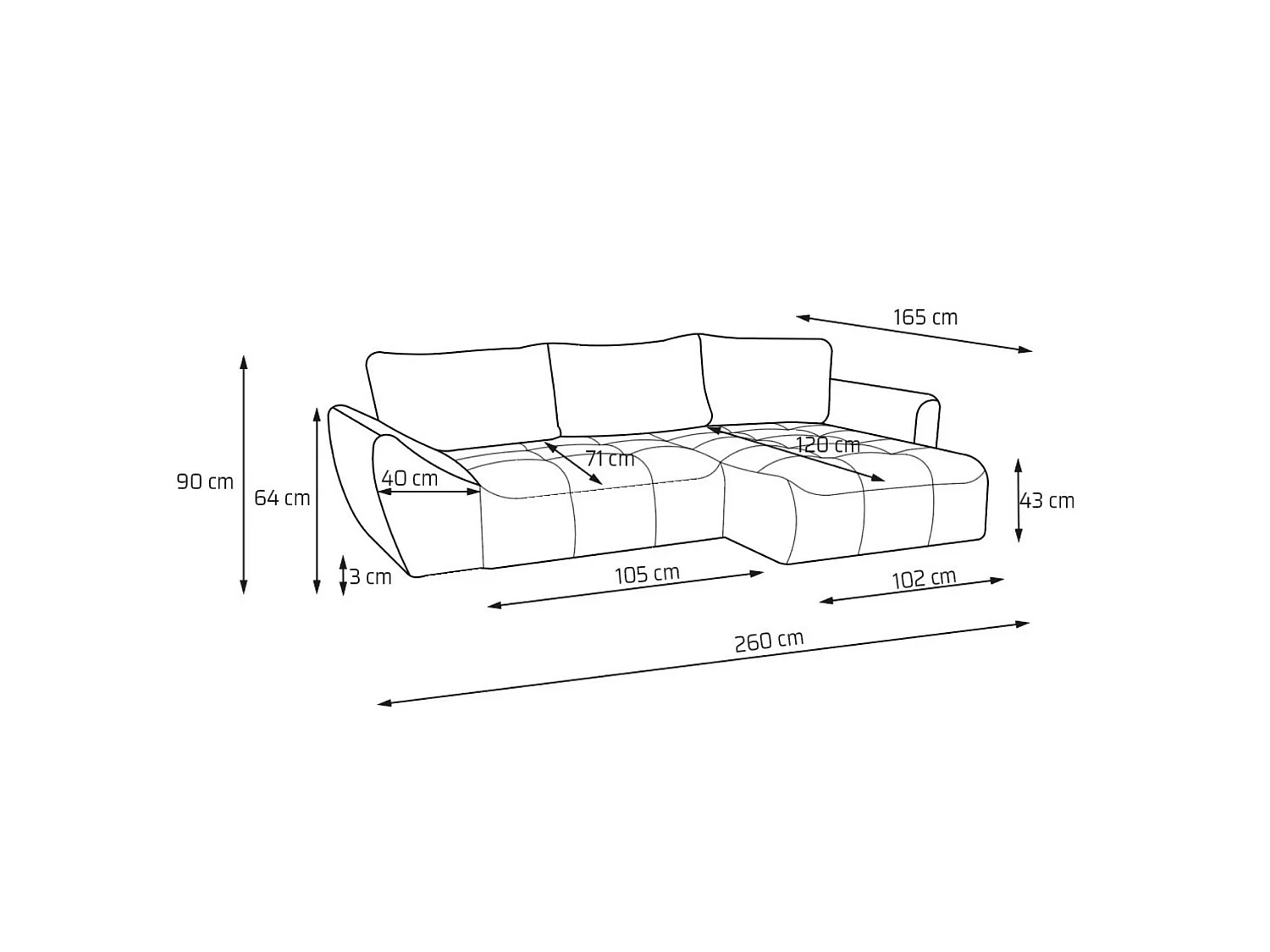 Canapé d'angle droit 3 places en tissu chenille gris NICE