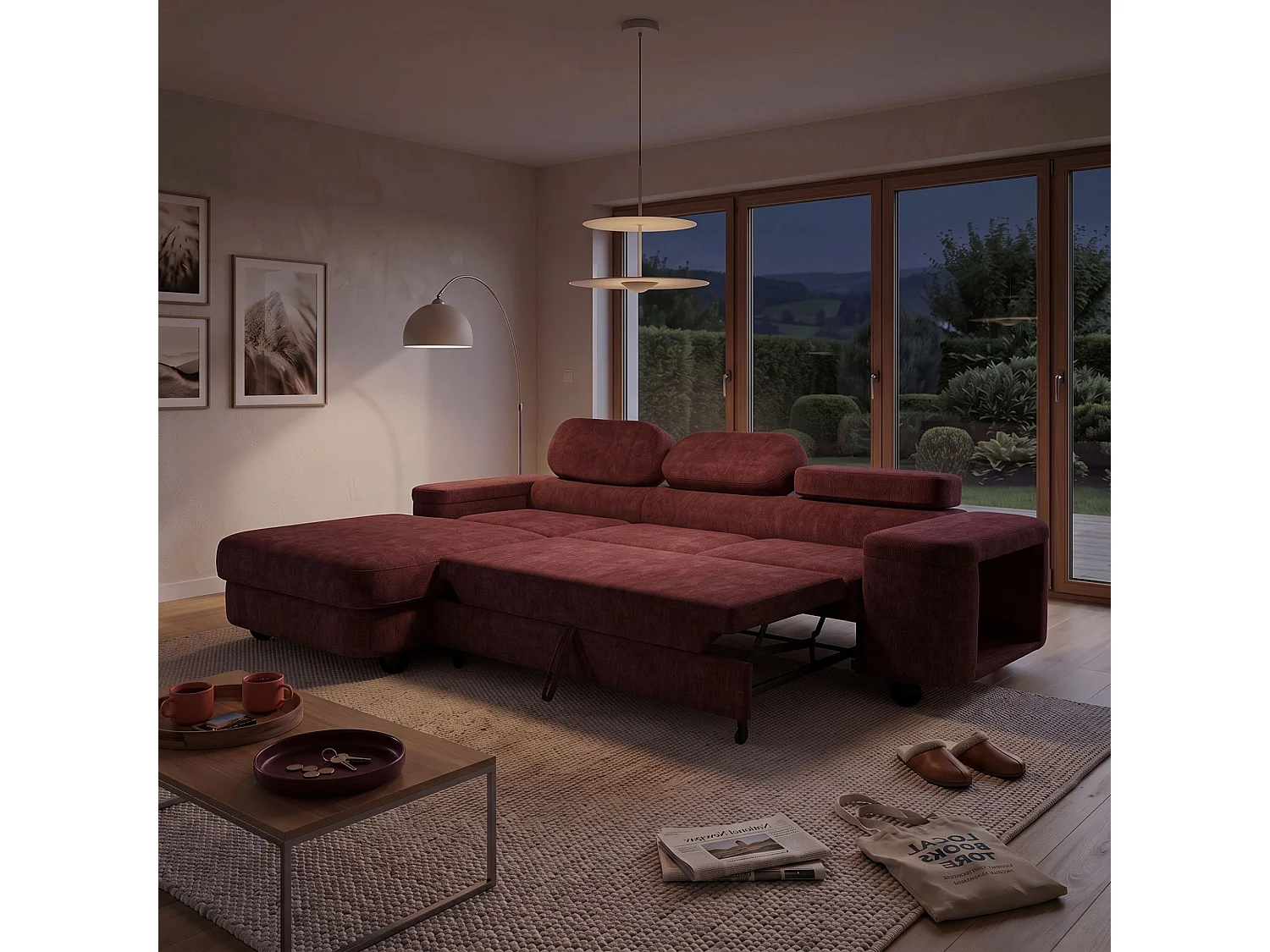 Ecksofa LOVE L links mit Schlaffunktion 124x210 Chenille bordeaux